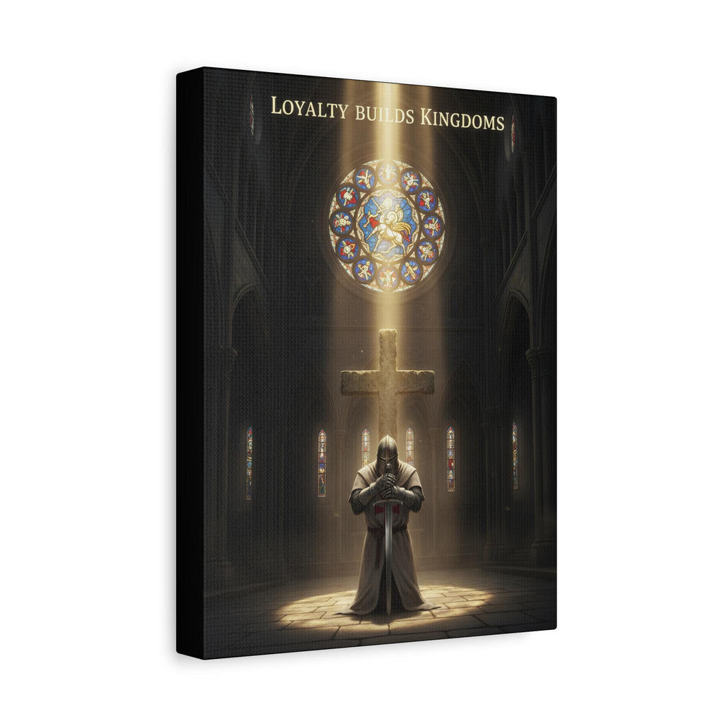 Knight Kneeling Before Cross Matte Canvas | Religious Wall Art, Stained Glass Cathedral