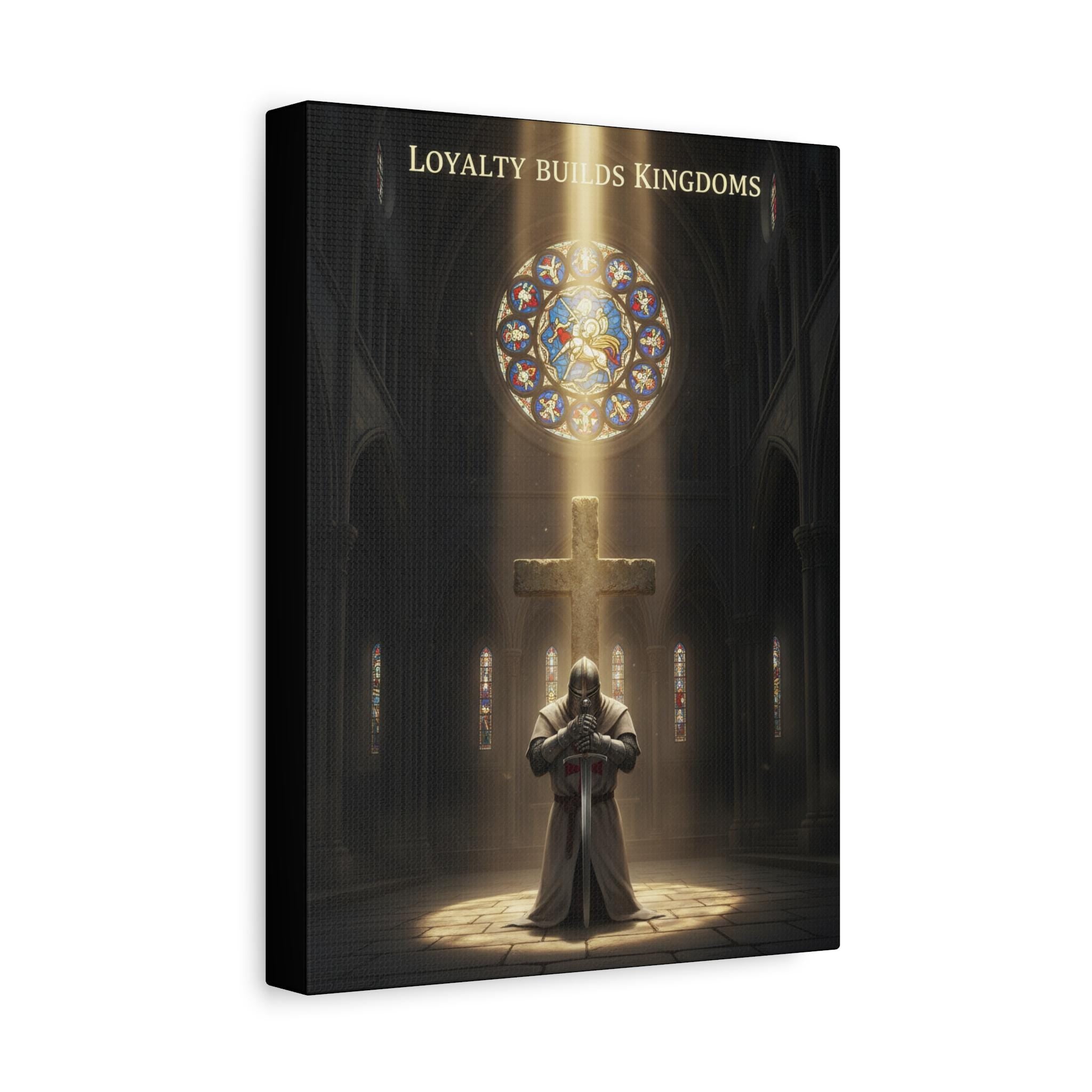 Knight Kneeling Before Cross Matte Canvas | Religious Wall Art, Stained Glass Cathedral