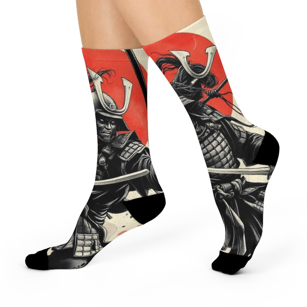 Samurai Helmet Warrior Crew Socks | Red Sun Armor Illustration