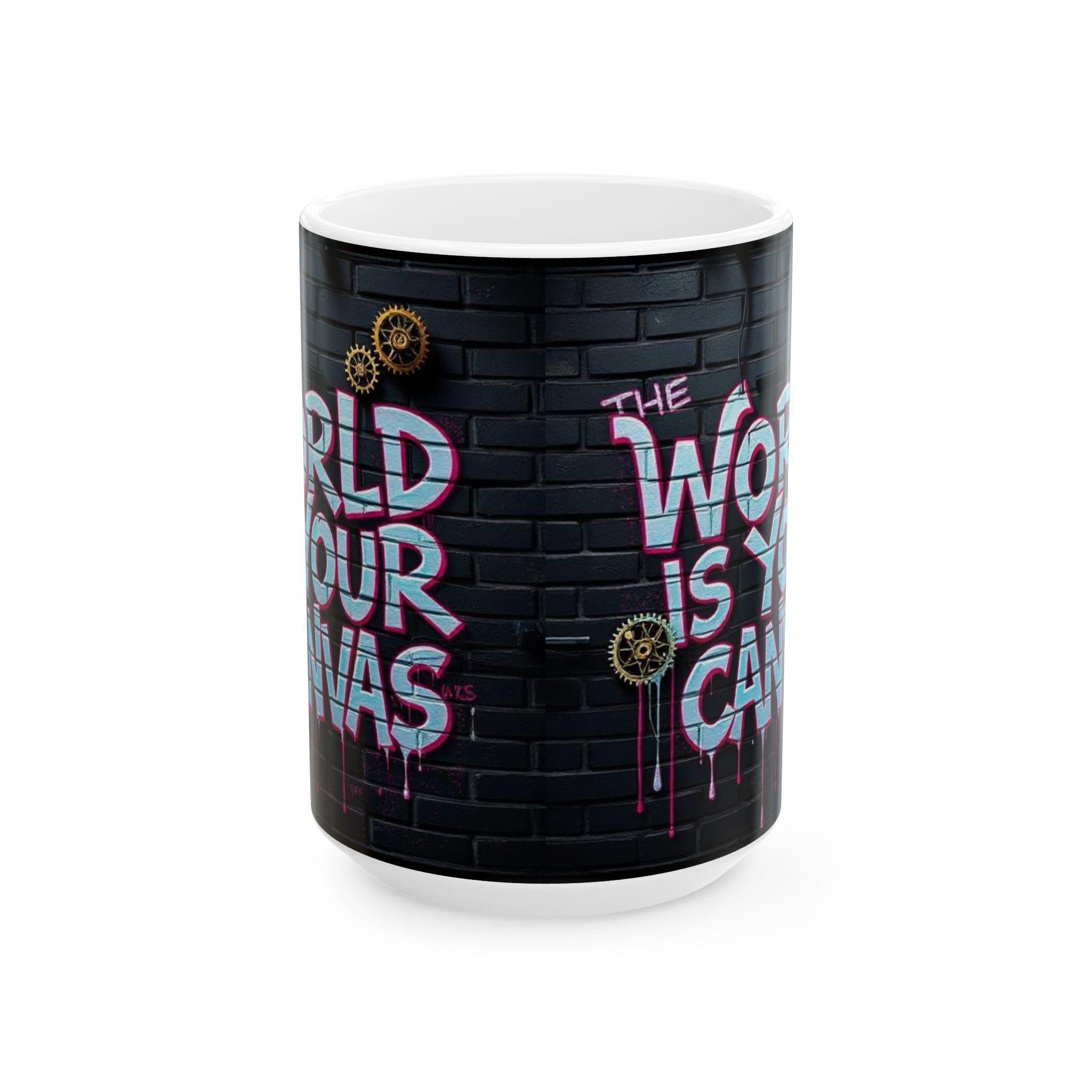 The World Is Your Canvas Mug | Graffiti Brick Wall, Steampunk Gears