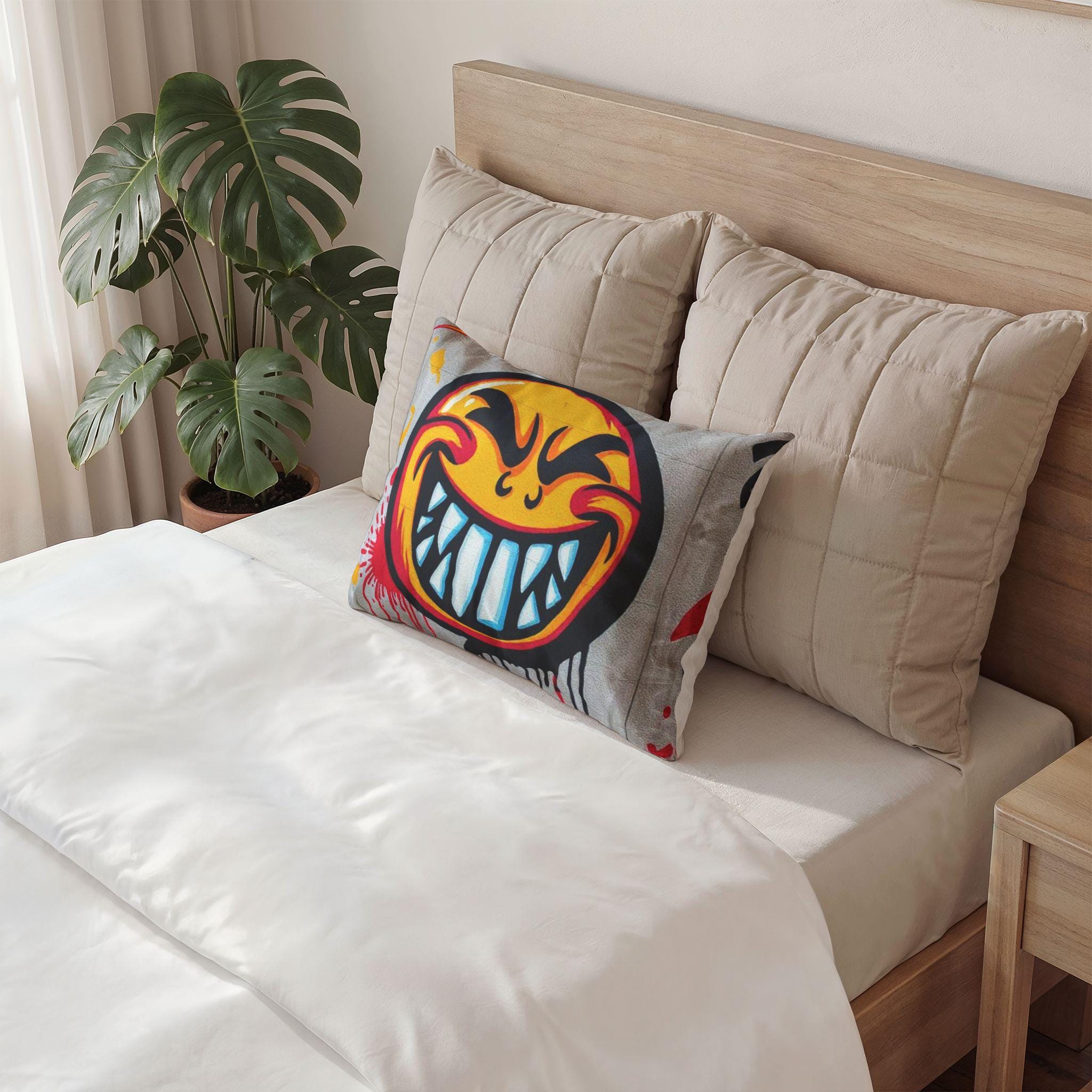 Grinning Graffiti Face Cotton Pillow Sham | Urban Street Art Smiley