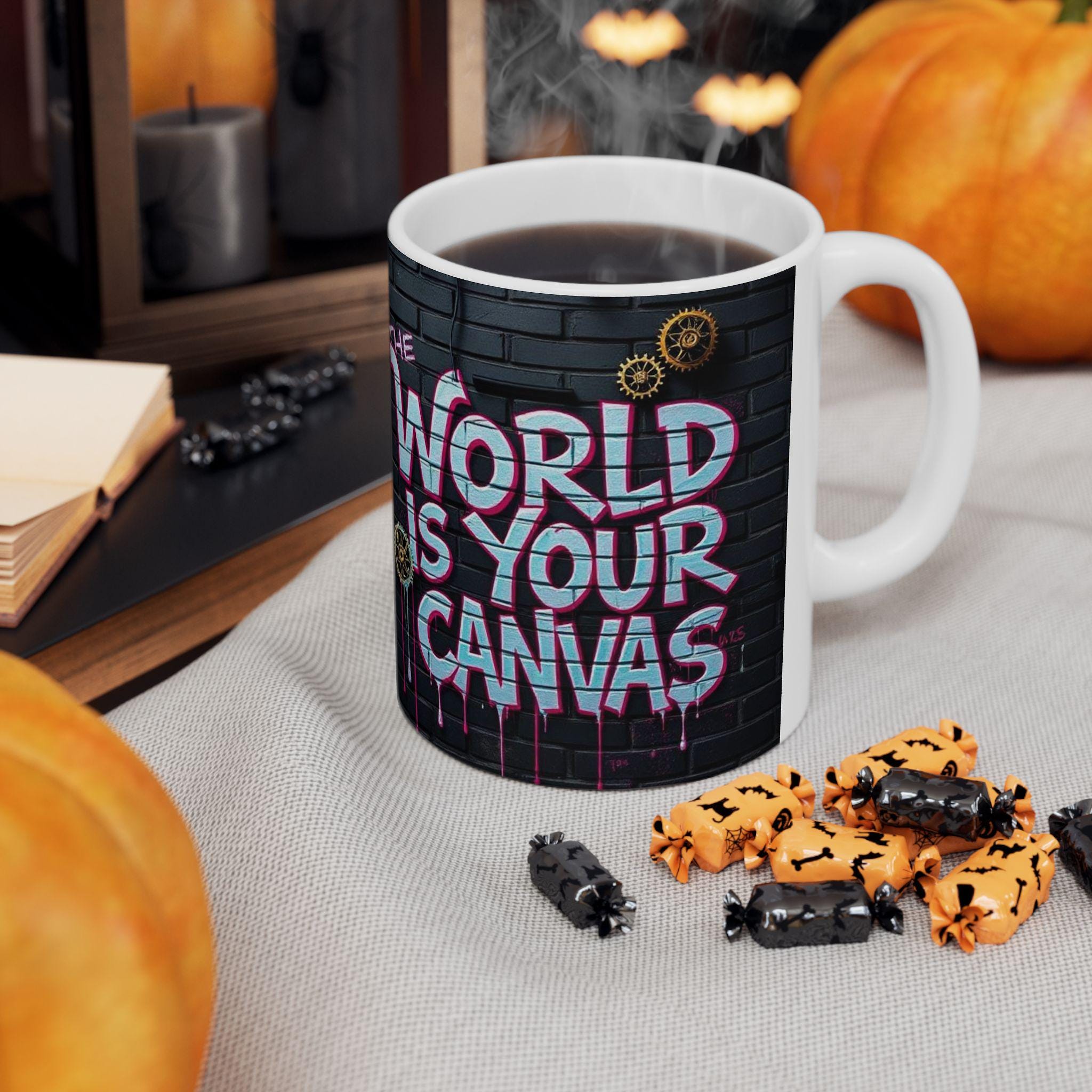The World Is Your Canvas Mug | Graffiti Brick Wall, Steampunk Gears
