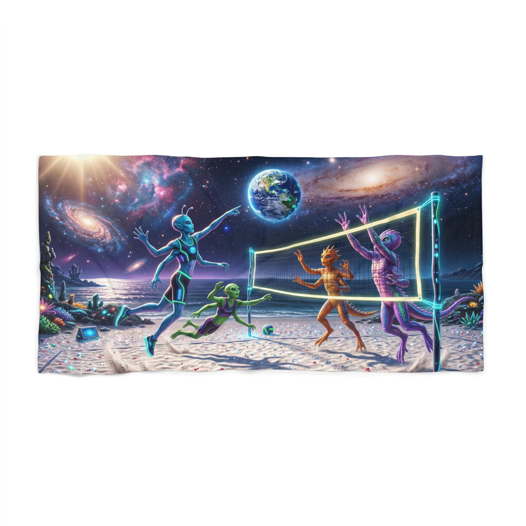 Alien Beach Volleyball Scene Beach Towel | Cosmic Surf, Neon Extraterrestrials