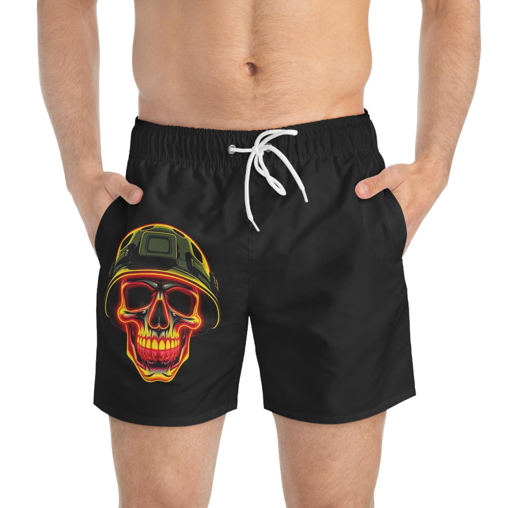 Flaming Skull Helmet Swim Trunks | Neon Military Combat Shorts