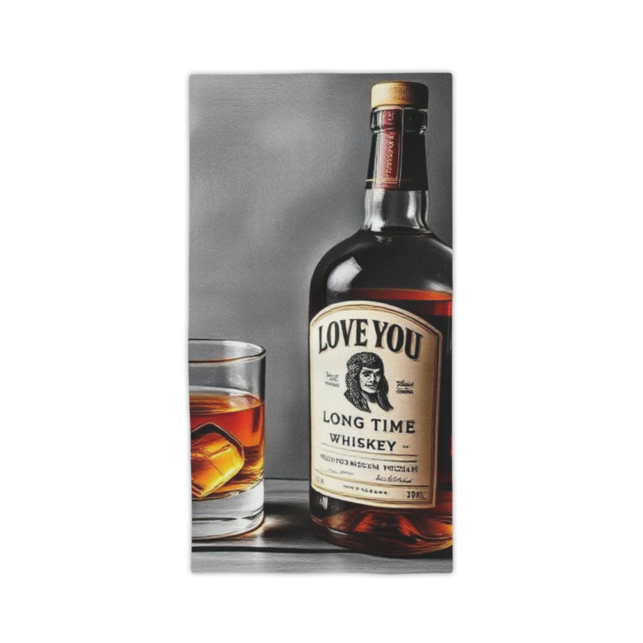 Love You Long Time Whiskey Bottle Beach Towel | Whiskey Glass Illustration
