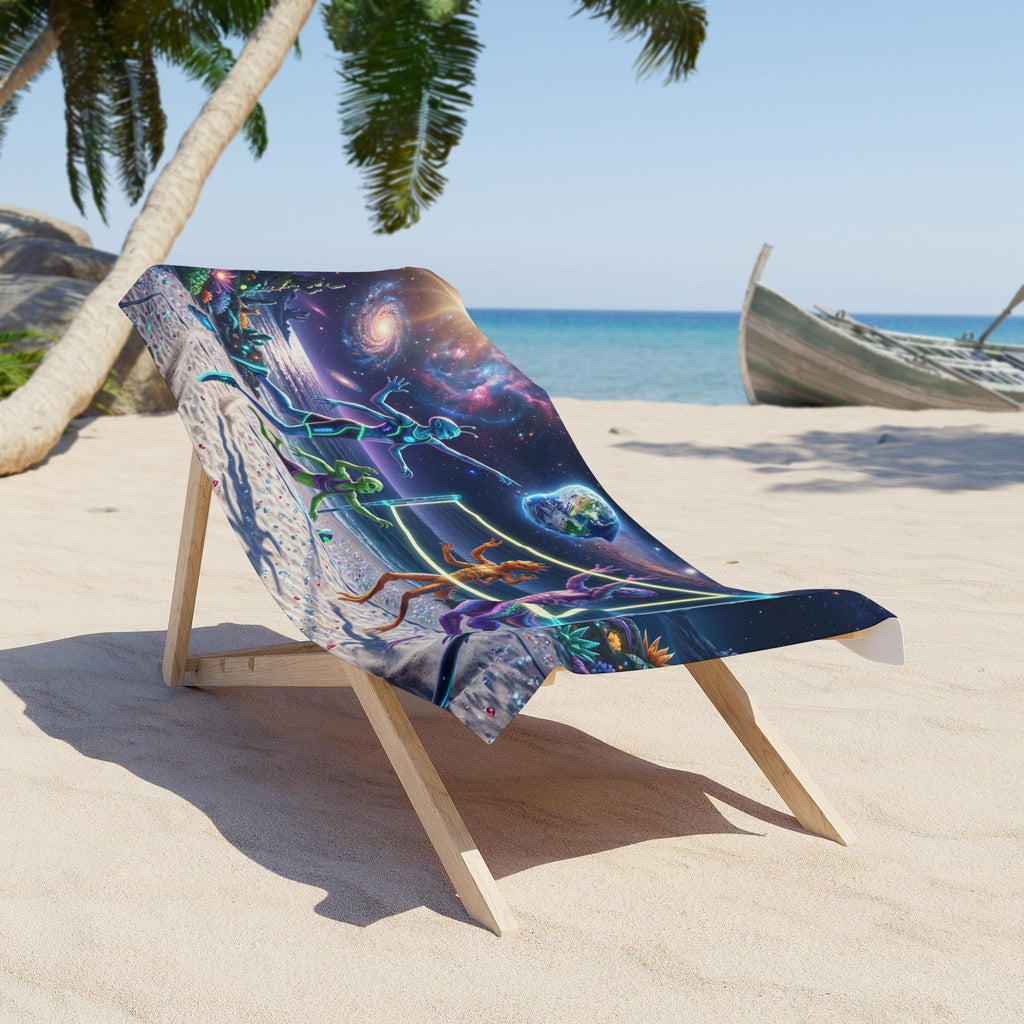 Alien Beach Volleyball Scene Beach Towel | Cosmic Surf, Neon Extraterrestrials