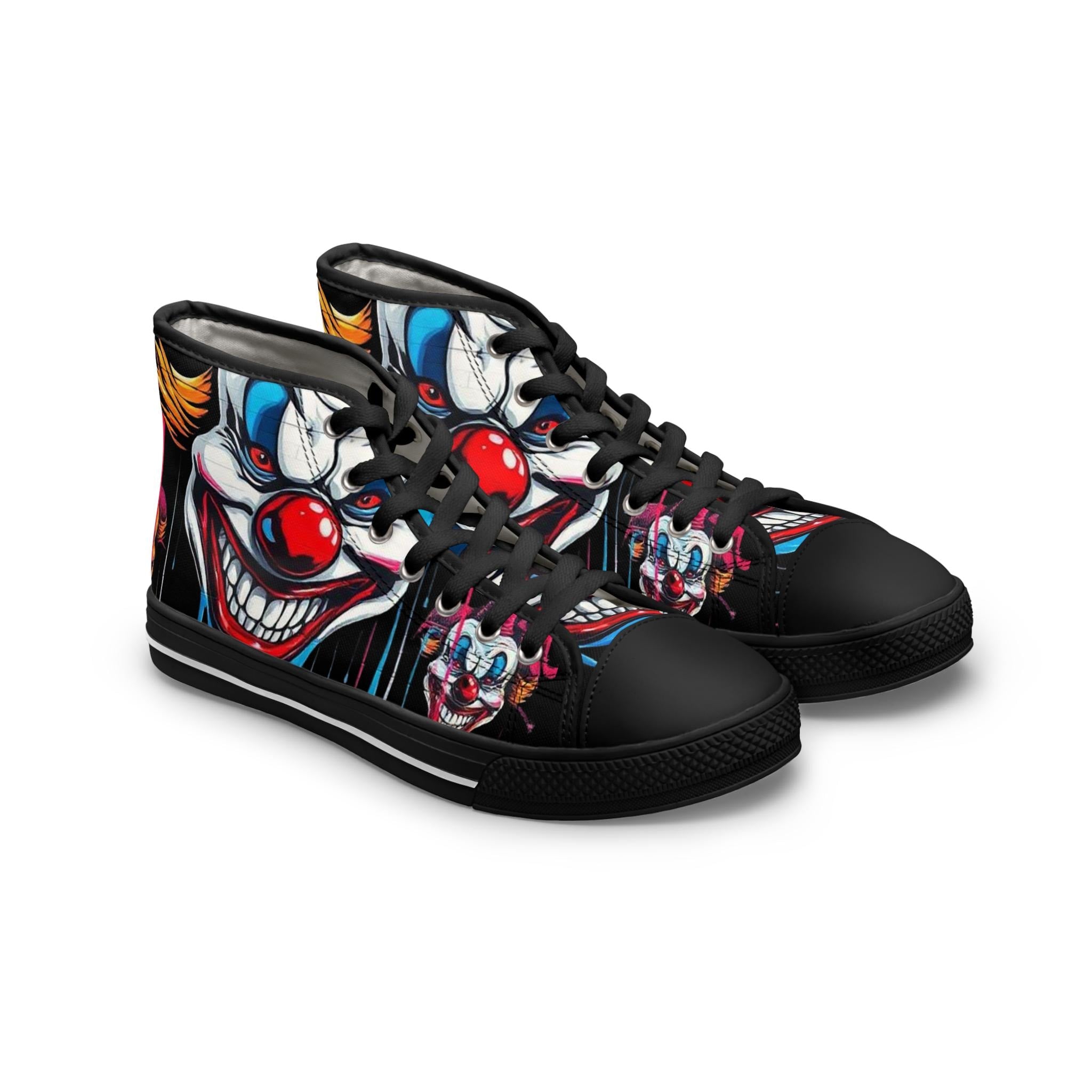 Scary Grinning Clown Women's High Top Sneakers | Horror Face, Colorful Creepy Art