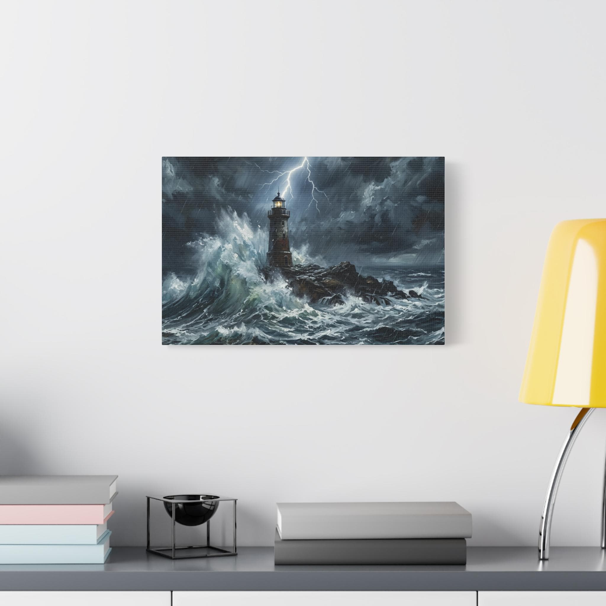 Stormy Lighthouse Matte Canvas | Seascape Wall Art, Lightning Ocean Print