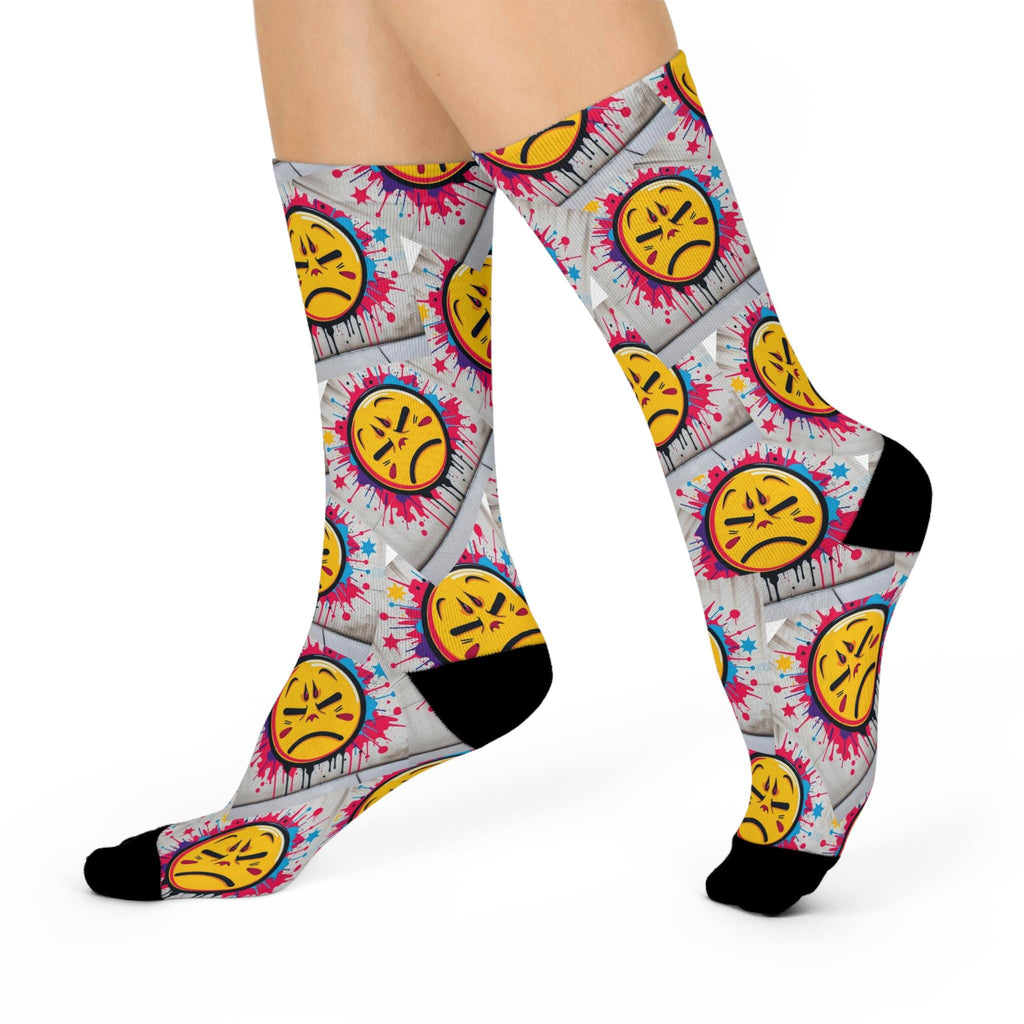 Angry Emoji Pattern Cushioned Crew Socks | Colorful Tie-Dye Background