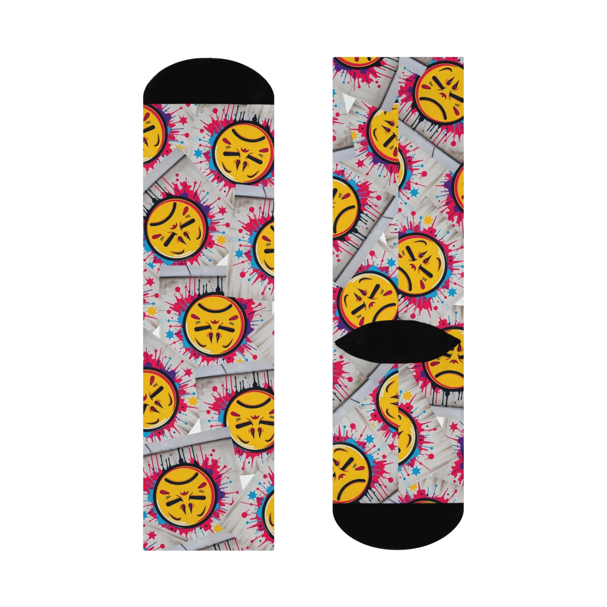 Angry Emoji Pattern Cushioned Crew Socks | Colorful Tie-Dye Background