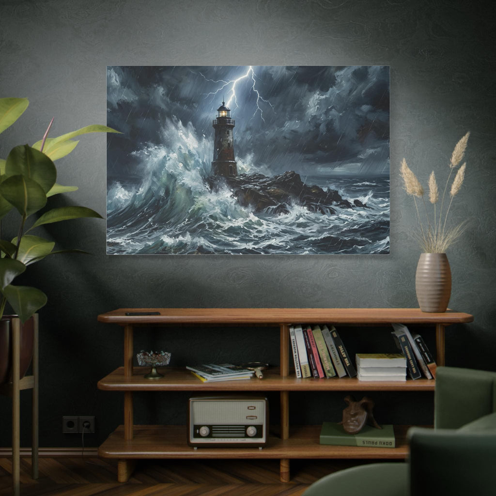 Stormy Lighthouse Matte Canvas | Seascape Wall Art, Lightning Ocean Print