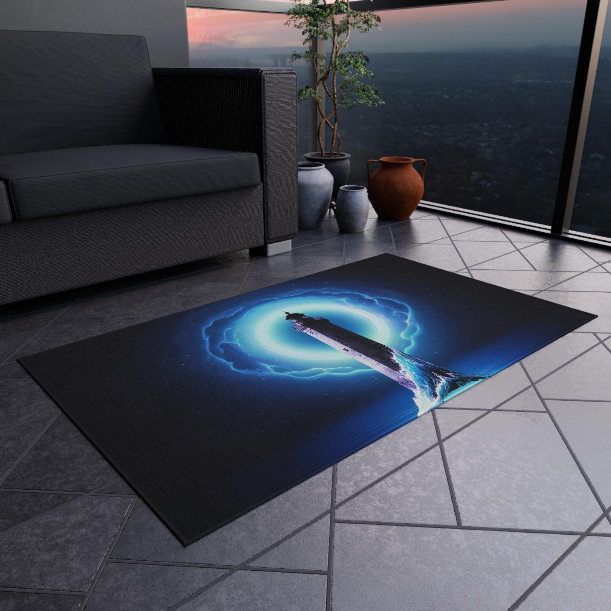 Lighthouse with Electric Aura Outdoor Rug | Nautical Coastal Decor