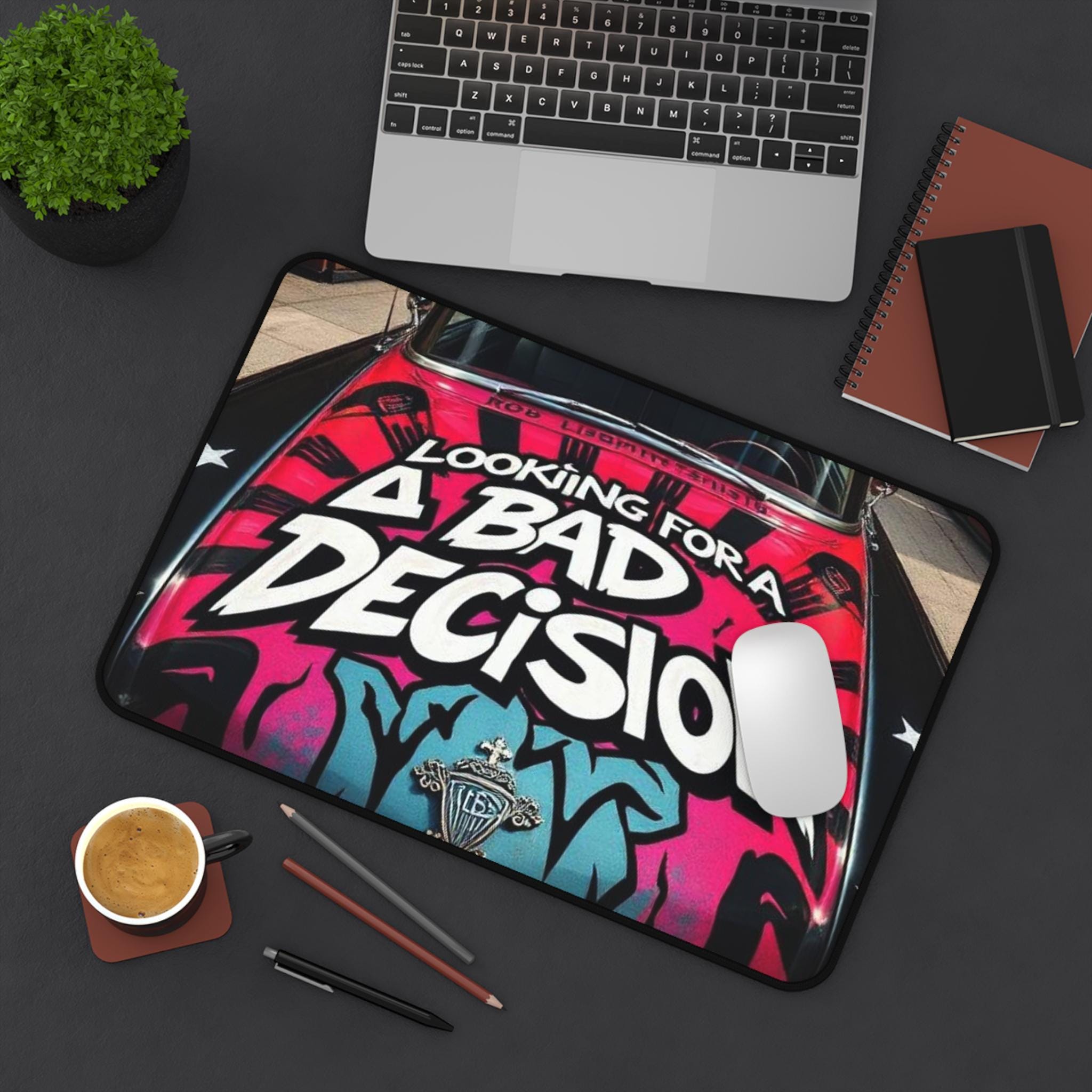 Looking For A Bad Decision Desk Mat | Retro Graffiti Car Hood Design