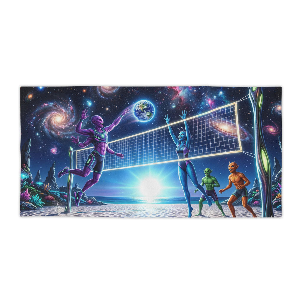 Galactic Beach Volleyball Beach Towel | Space Sunset Alien Players