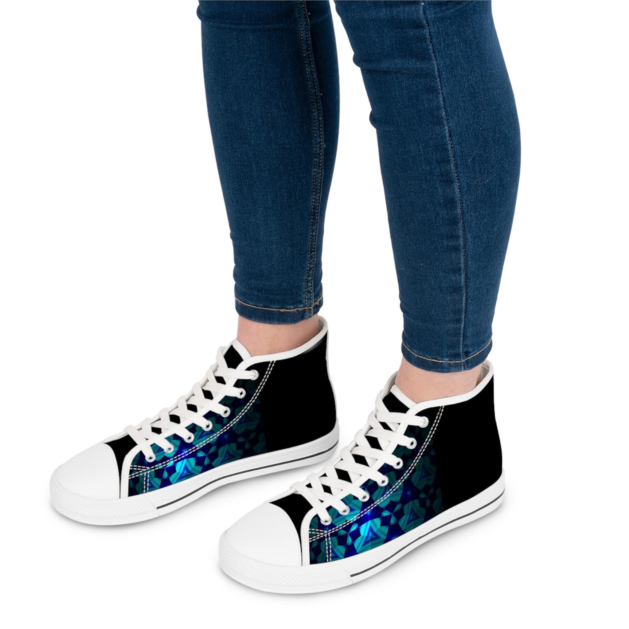 Teal Geometric Mosaic Women's High Top Sneakers | Patterned Canvas Shoes