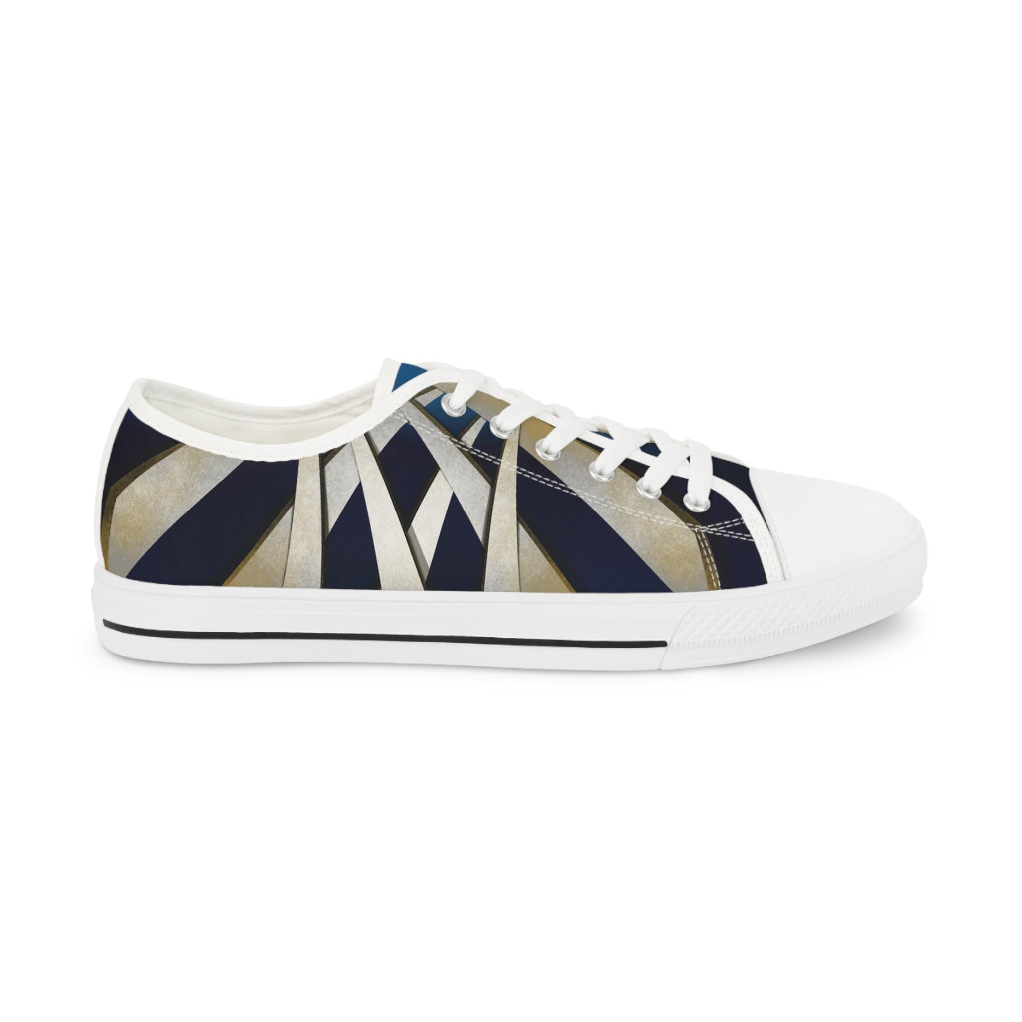 Geometric Striped Canvas Sneakers | Navy Blue Low Tops