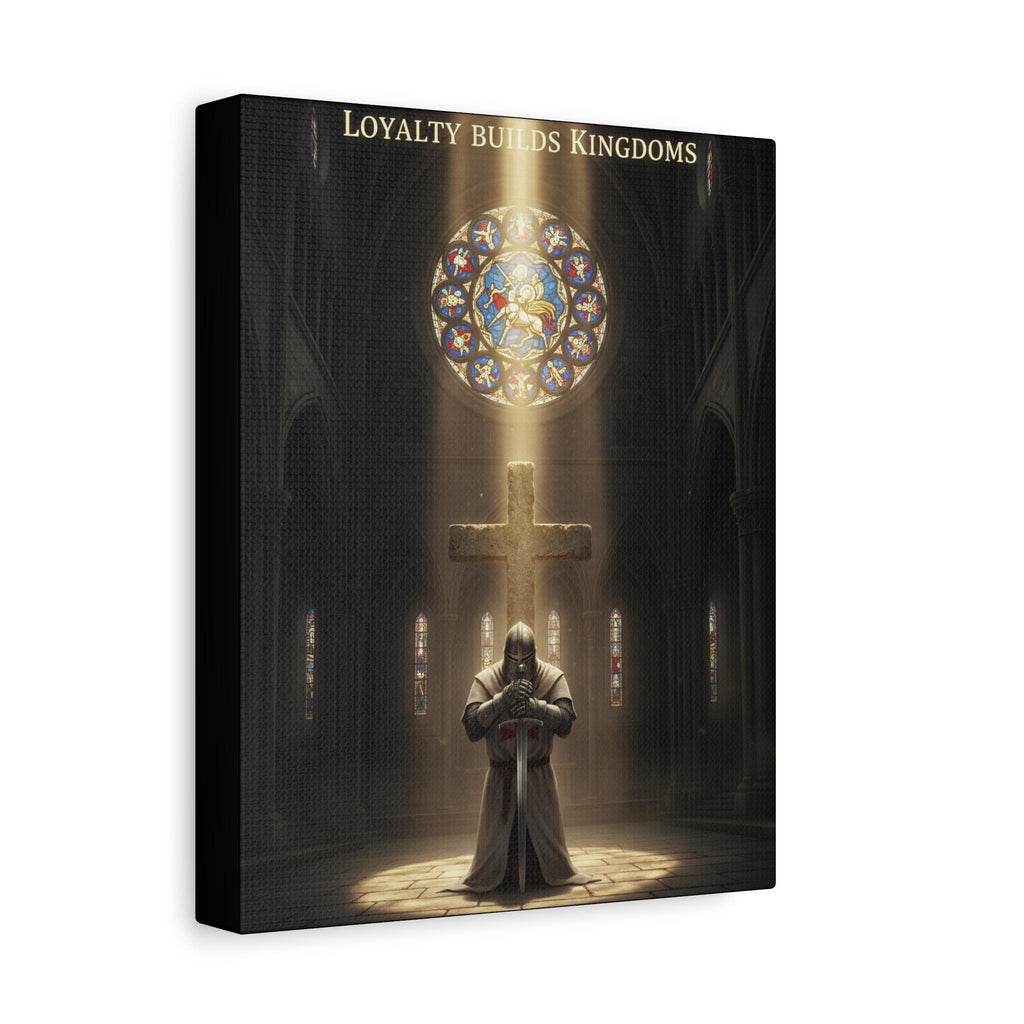 Knight Kneeling Before Cross Matte Canvas | Religious Wall Art, Stained Glass Cathedral