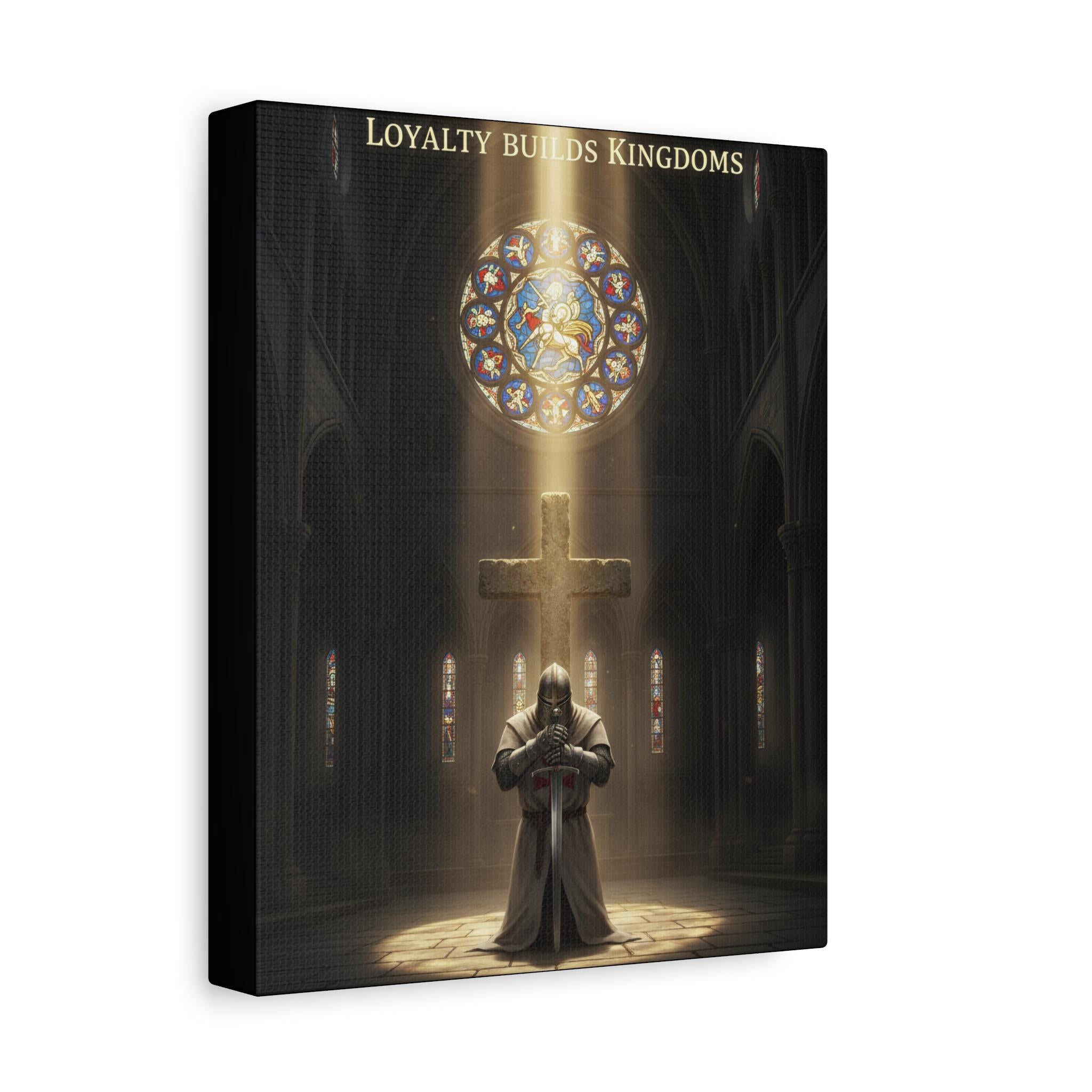 Knight Kneeling Before Cross Matte Canvas | Religious Wall Art, Stained Glass Cathedral
