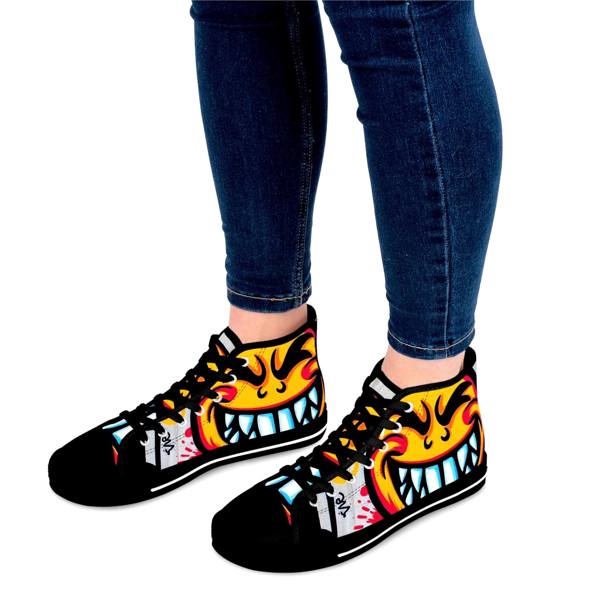 Evil Smile Graffiti Emoji Face High Top Sneakers | Neon Street Art Shoes