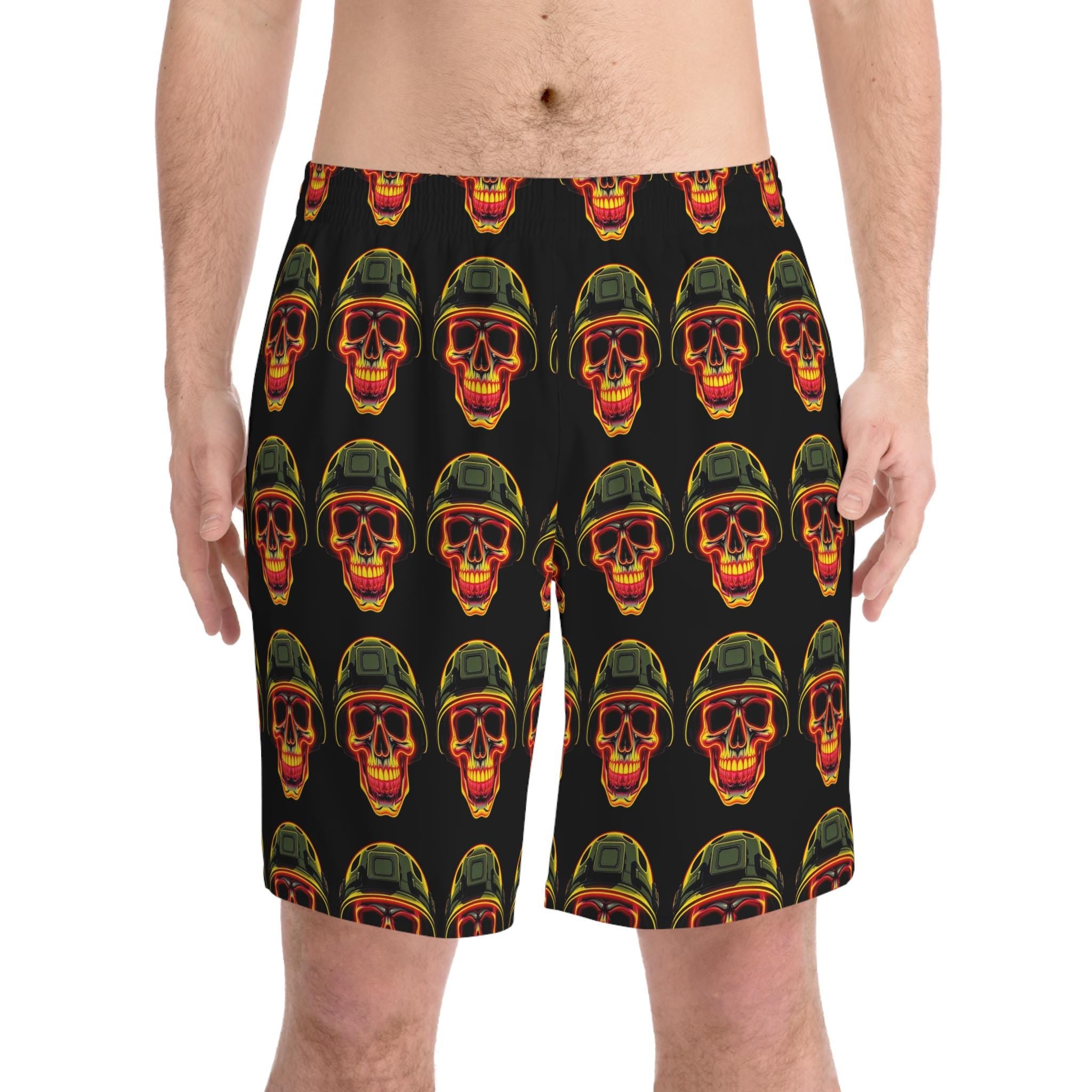 Retro Soldier Skull Pattern Swim Shorts | Beach Shorts, All-Over Print