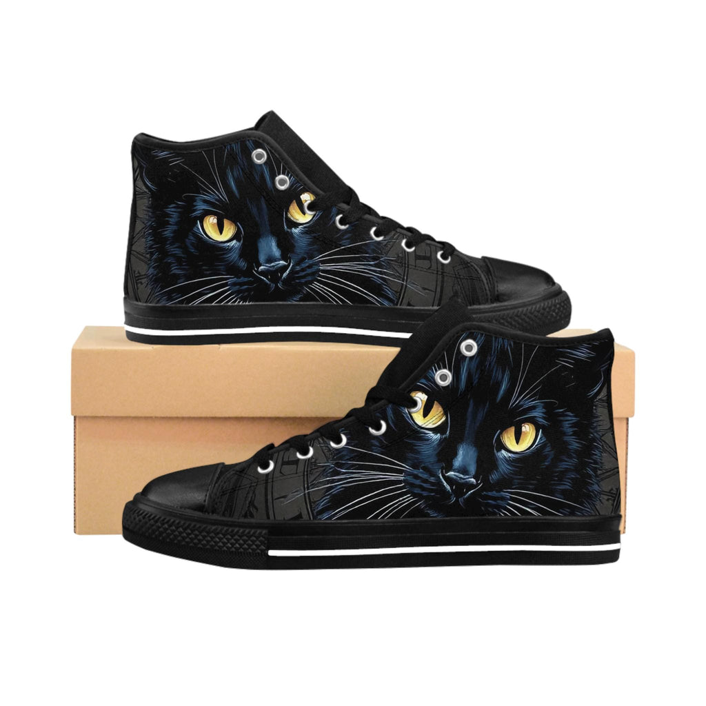 Black Cat Face Sneakers | High Top Shoes, Yellow Eyes Cat Illustration