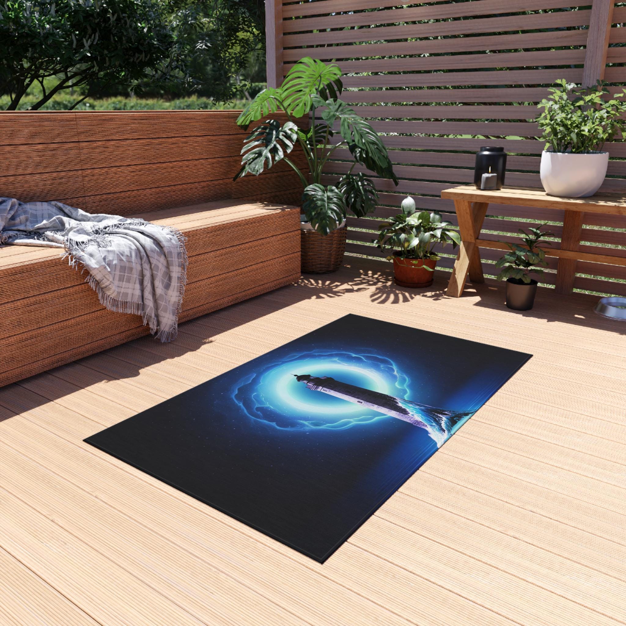 Lighthouse with Electric Aura Outdoor Rug | Nautical Coastal Decor