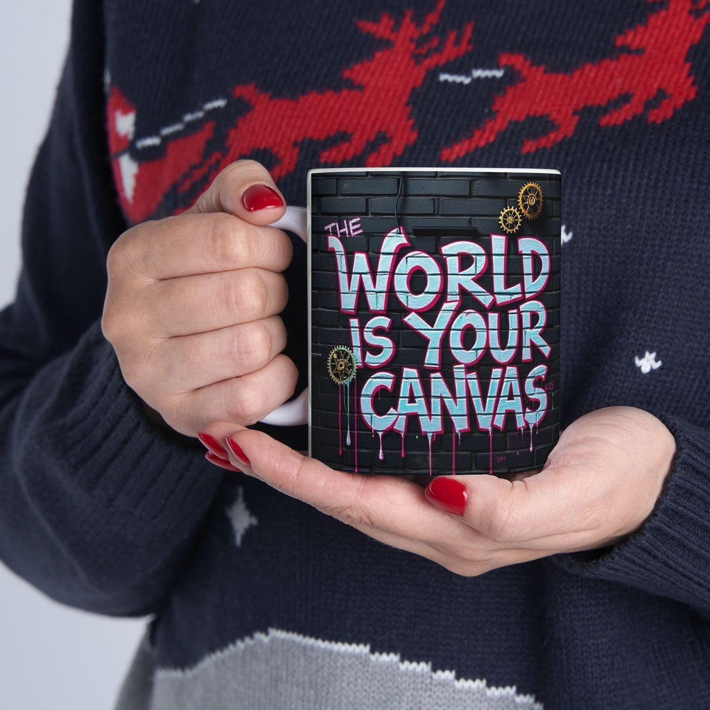 The World Is Your Canvas Mug | Graffiti Brick Wall, Steampunk Gears