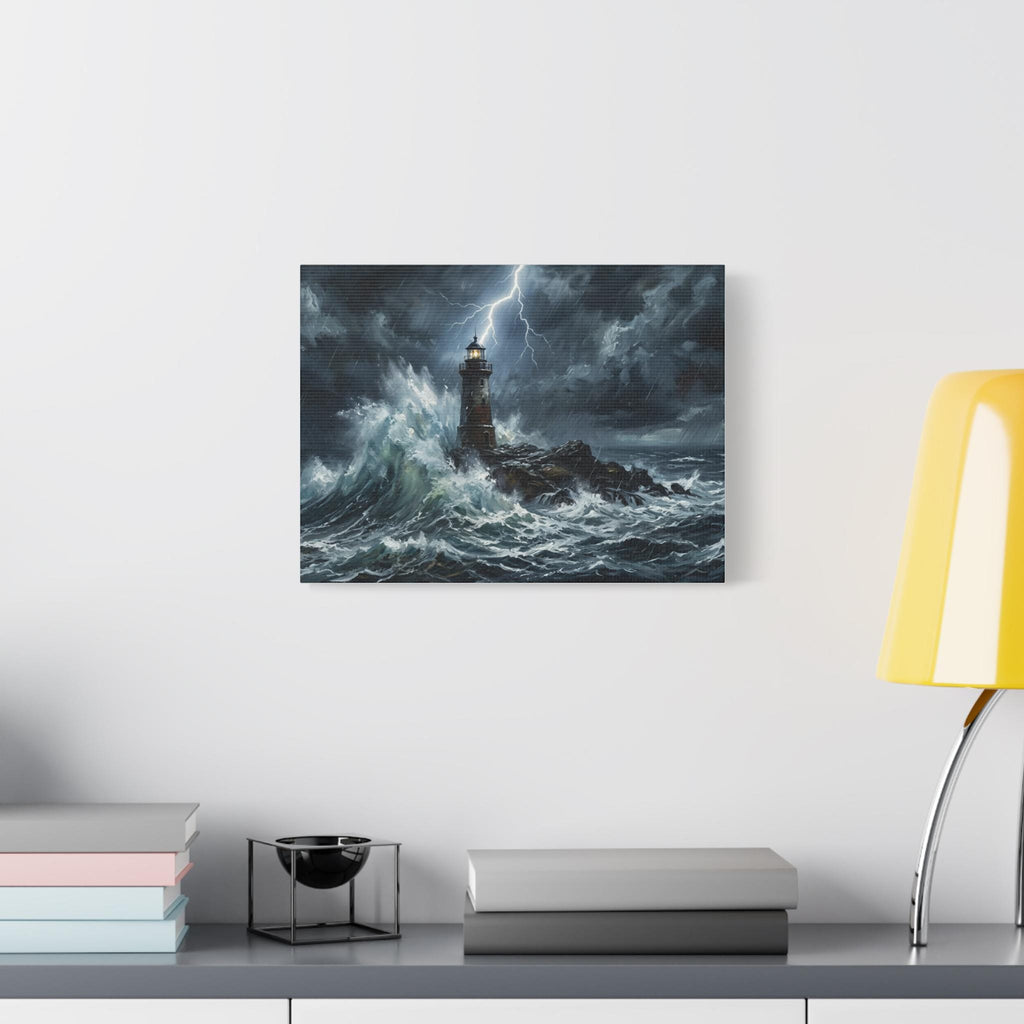 Stormy Lighthouse Matte Canvas | Seascape Wall Art, Lightning Ocean Print