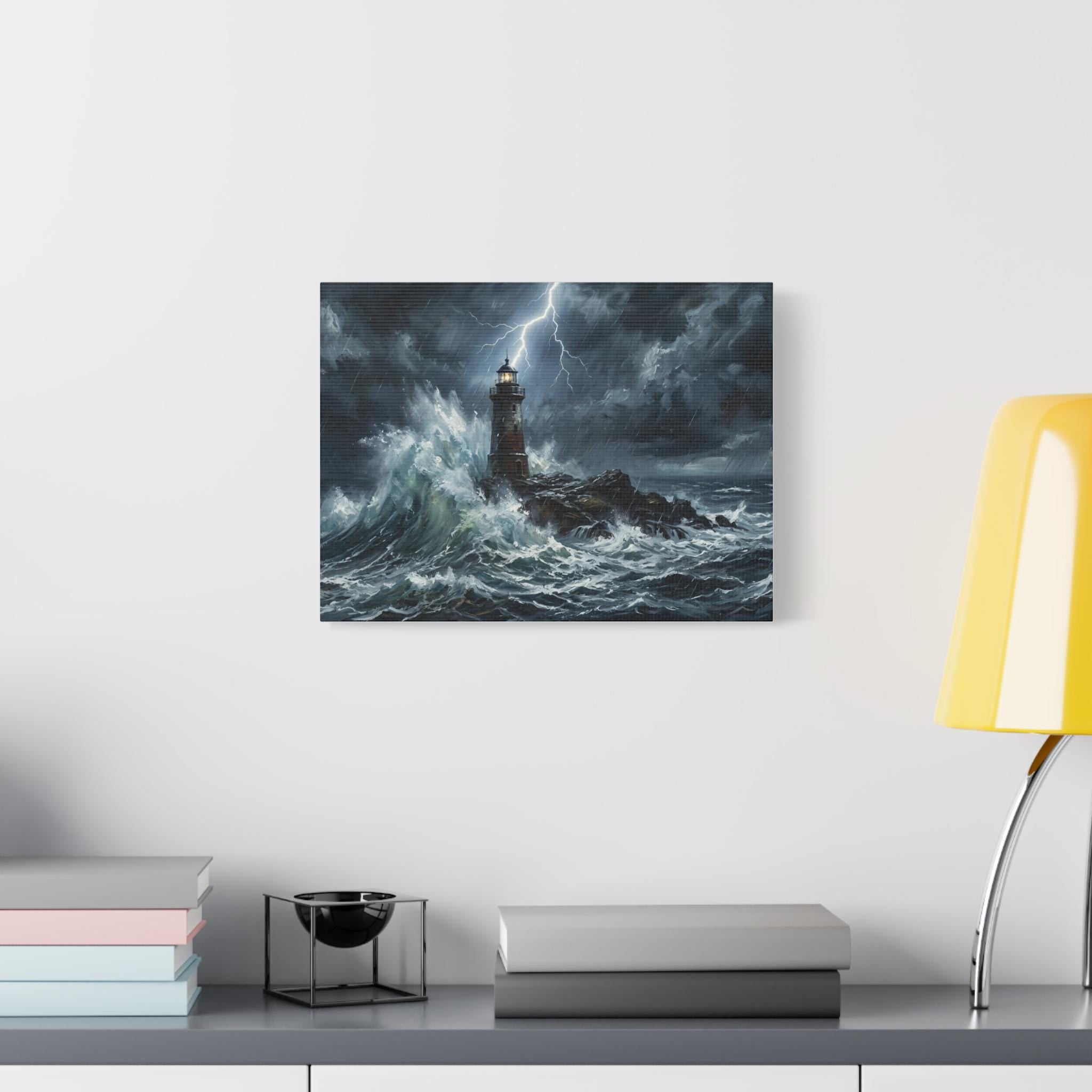 Stormy Lighthouse Matte Canvas | Seascape Wall Art, Lightning Ocean Print