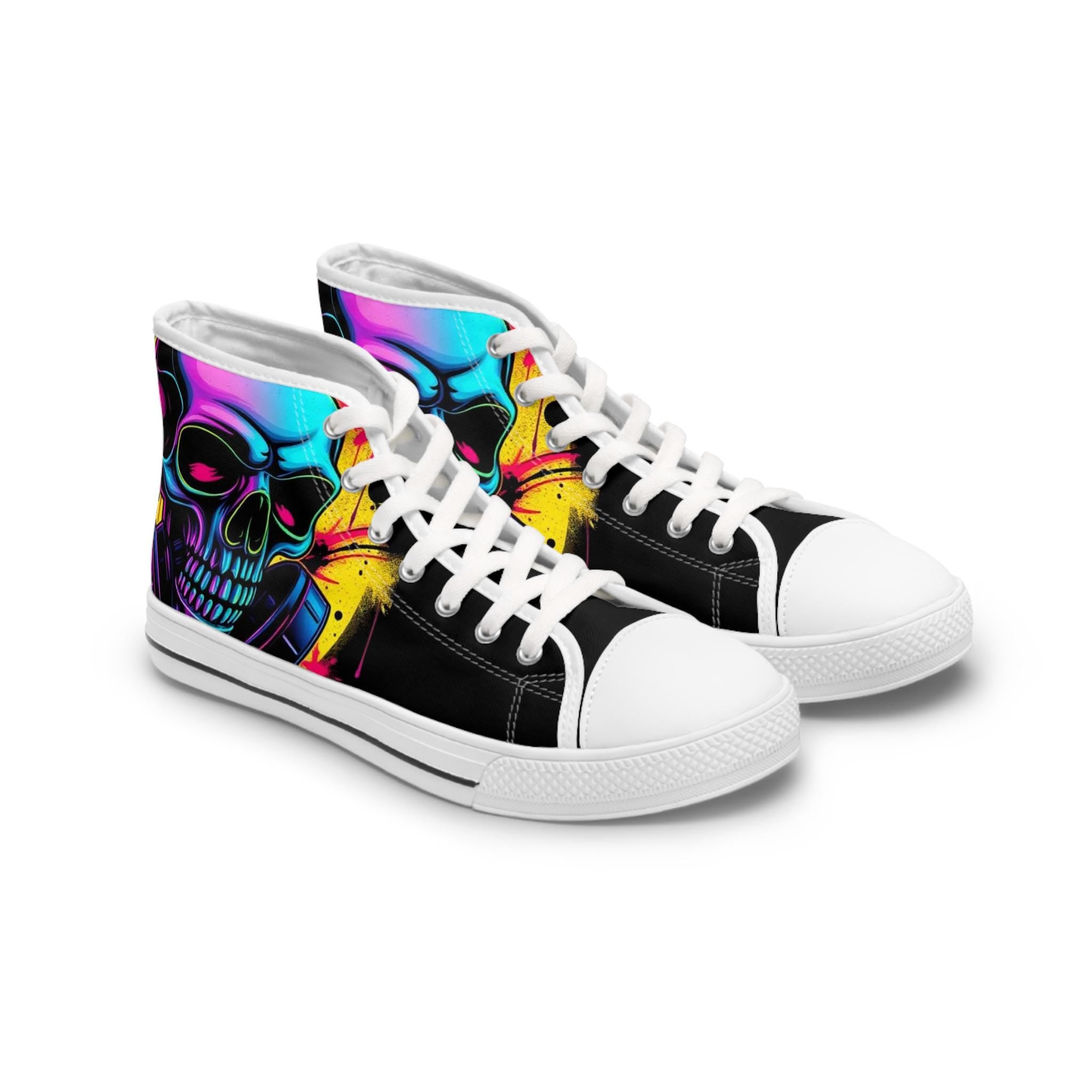 Neon Skull High Top Sneakers | Colorful Grunge Skate Shoes