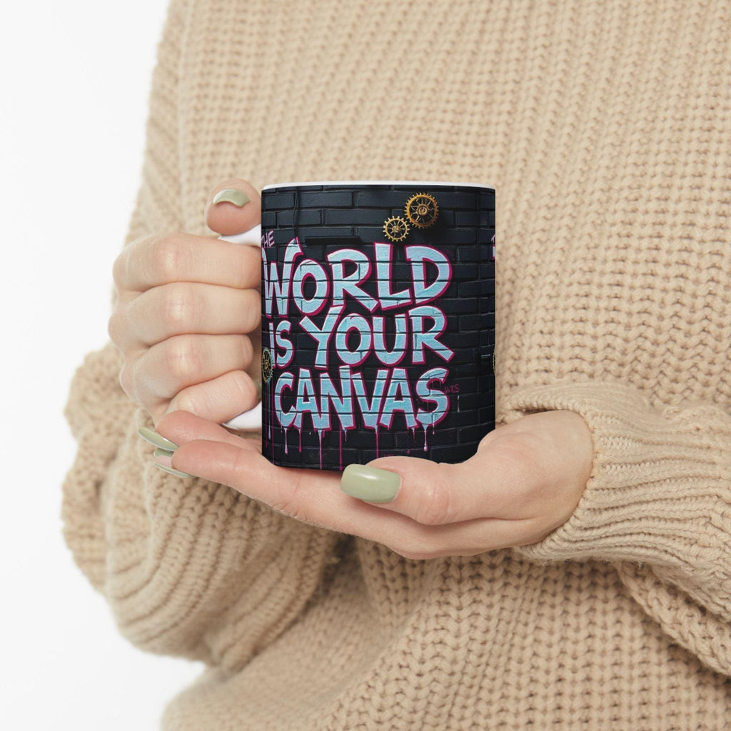 The World Is Your Canvas Mug | Graffiti Brick Wall, Steampunk Gears