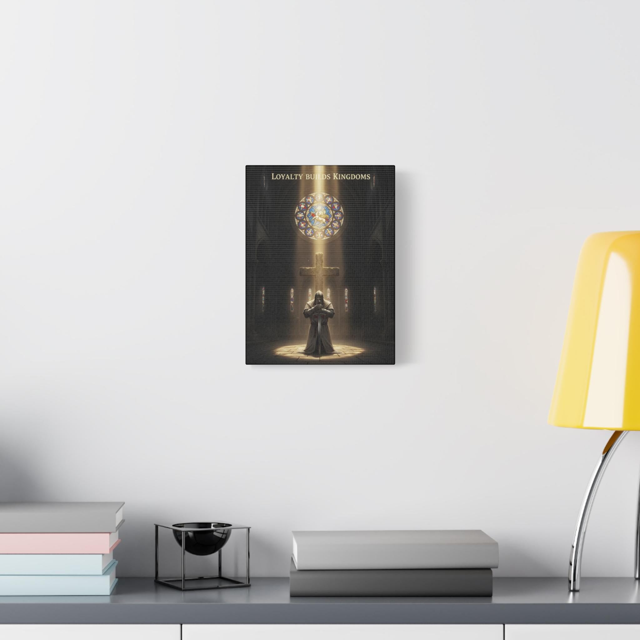 Knight Kneeling Before Cross Matte Canvas | Religious Wall Art, Stained Glass Cathedral