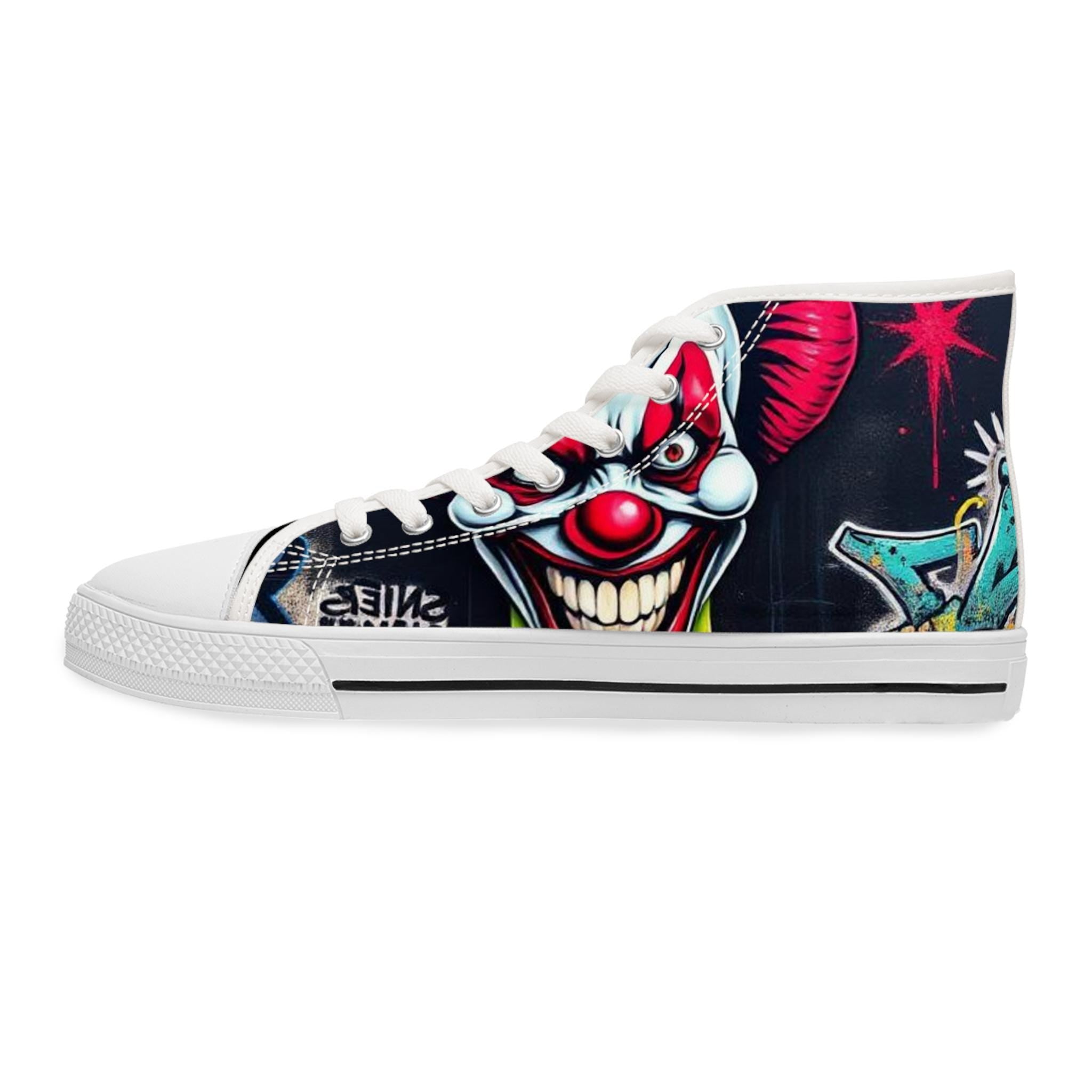 Creepy Clown Graffiti Face Women's High Top Sneakers | Horror Halloween Shoe Art