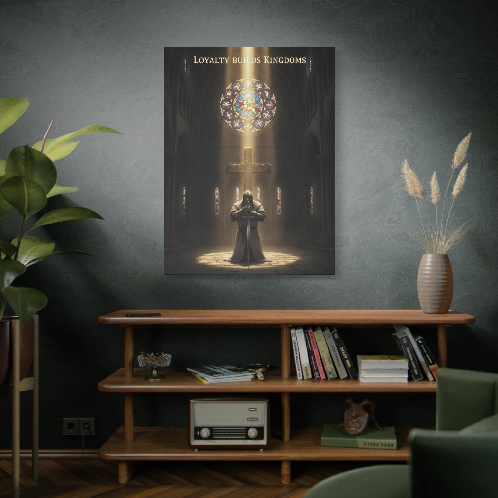 Knight Kneeling Before Cross Matte Canvas | Religious Wall Art, Stained Glass Cathedral