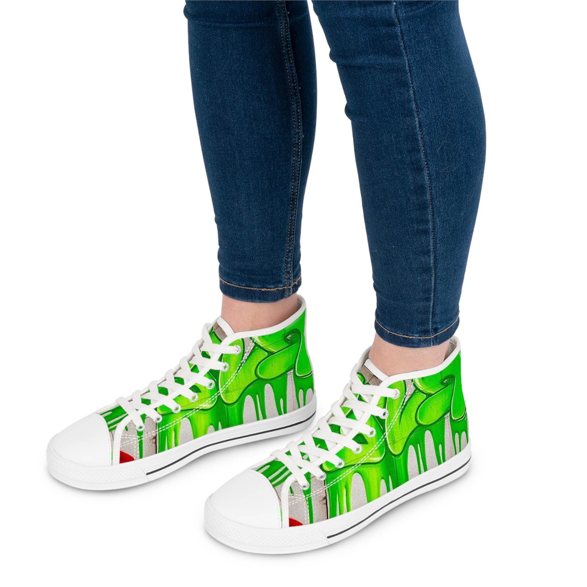 Green Paint Drip High Top Sneakers | Custom Art Canvas Shoes