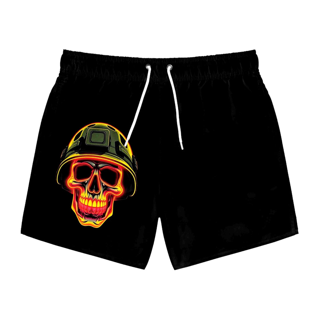 Flaming Skull Helmet Swim Trunks | Neon Military Combat Shorts