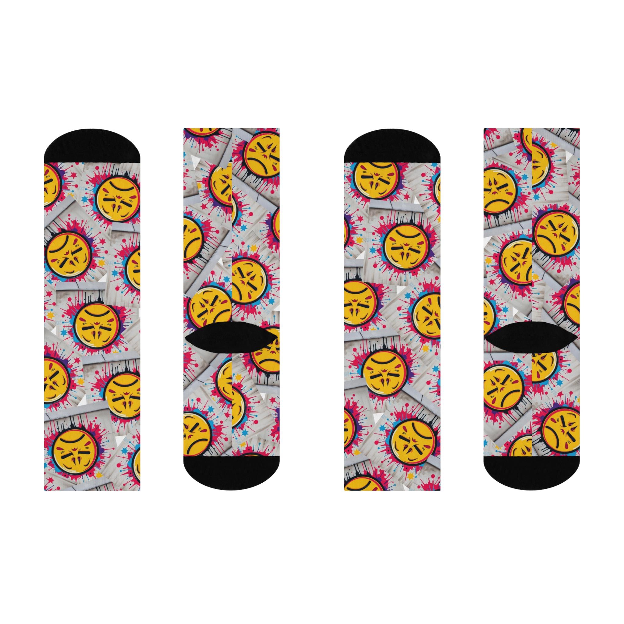 Angry Emoji Pattern Cushioned Crew Socks | Colorful Tie-Dye Background