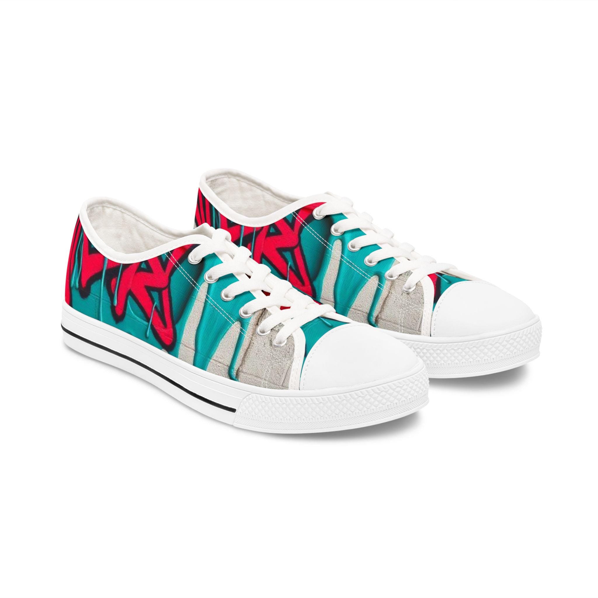Teal Pink Street Graffiti Women's Low Top Sneakers | Street Art Canvas Shoes