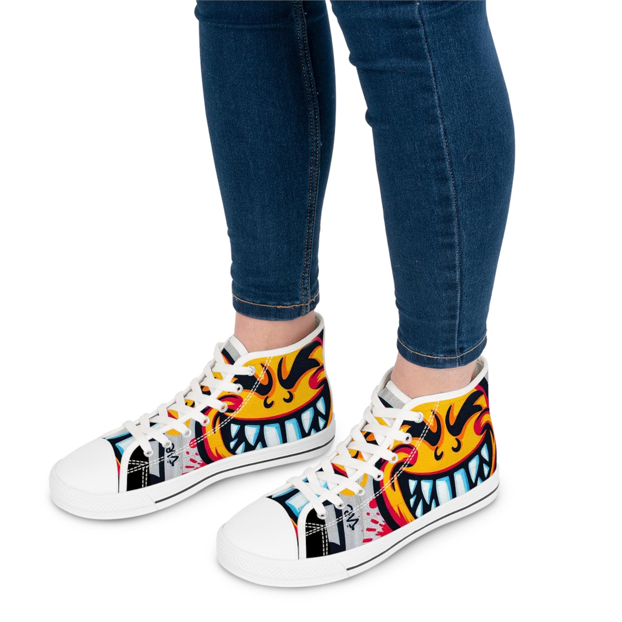 Evil Smile Graffiti Emoji Face High Top Sneakers | Neon Street Art Shoes