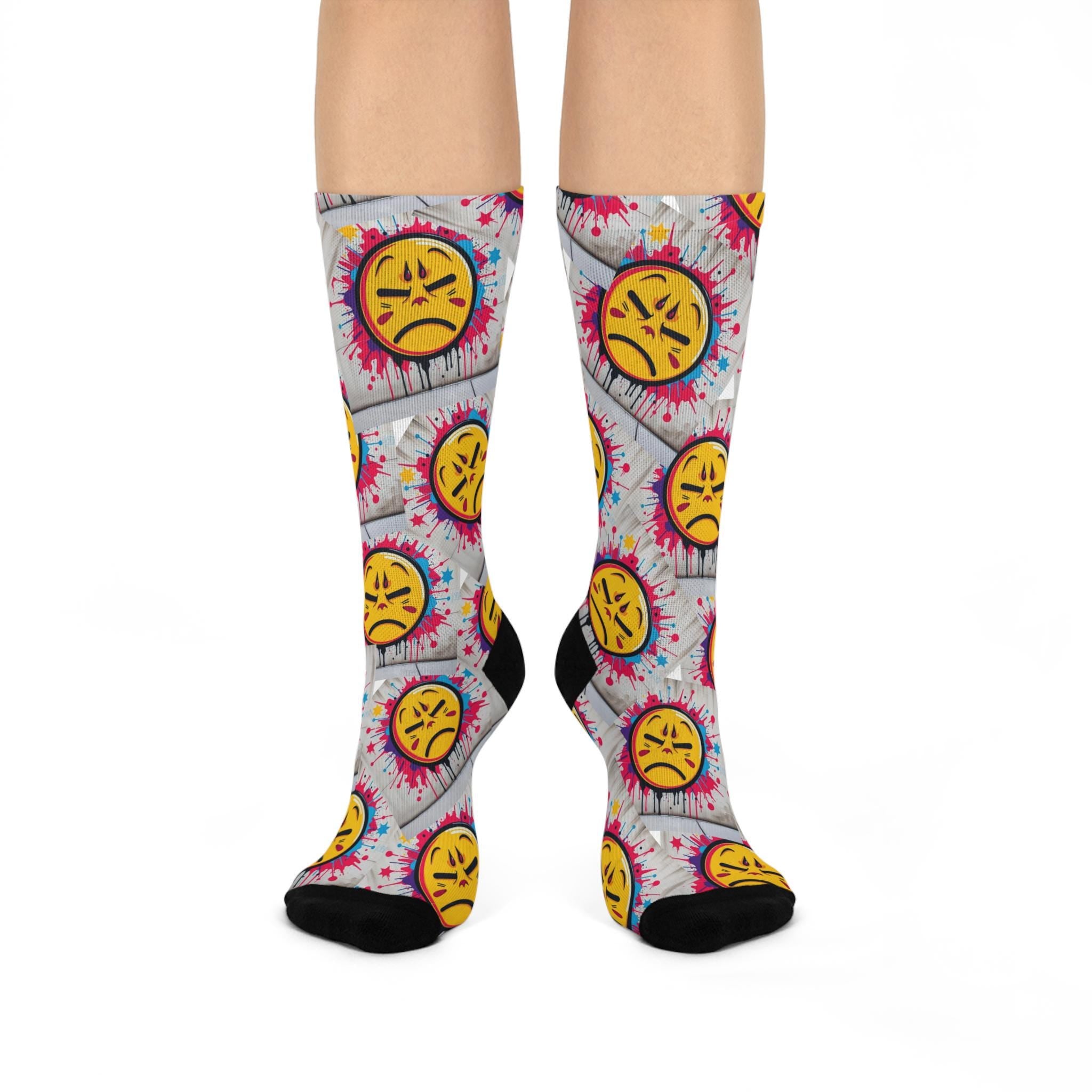 Angry Emoji Pattern Cushioned Crew Socks | Colorful Tie-Dye Background