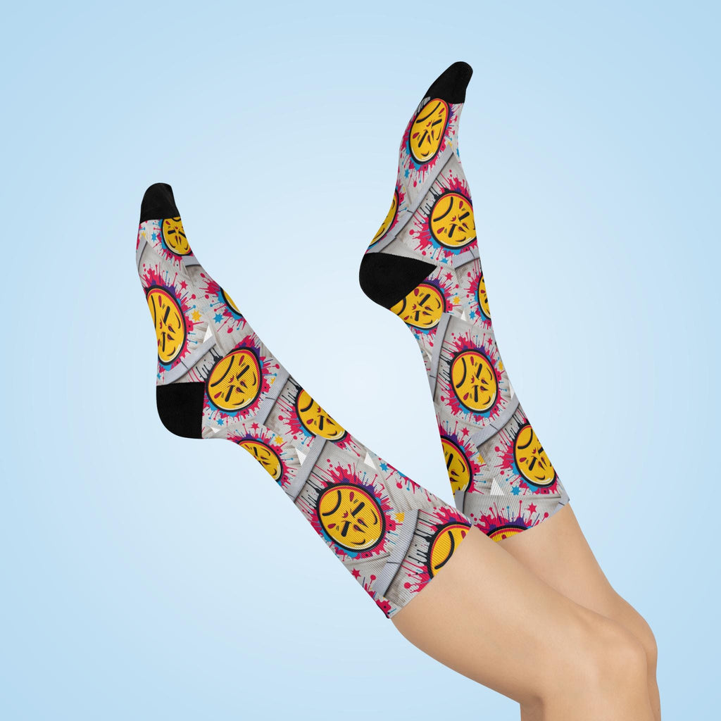 Angry Emoji Pattern Cushioned Crew Socks | Colorful Tie-Dye Background