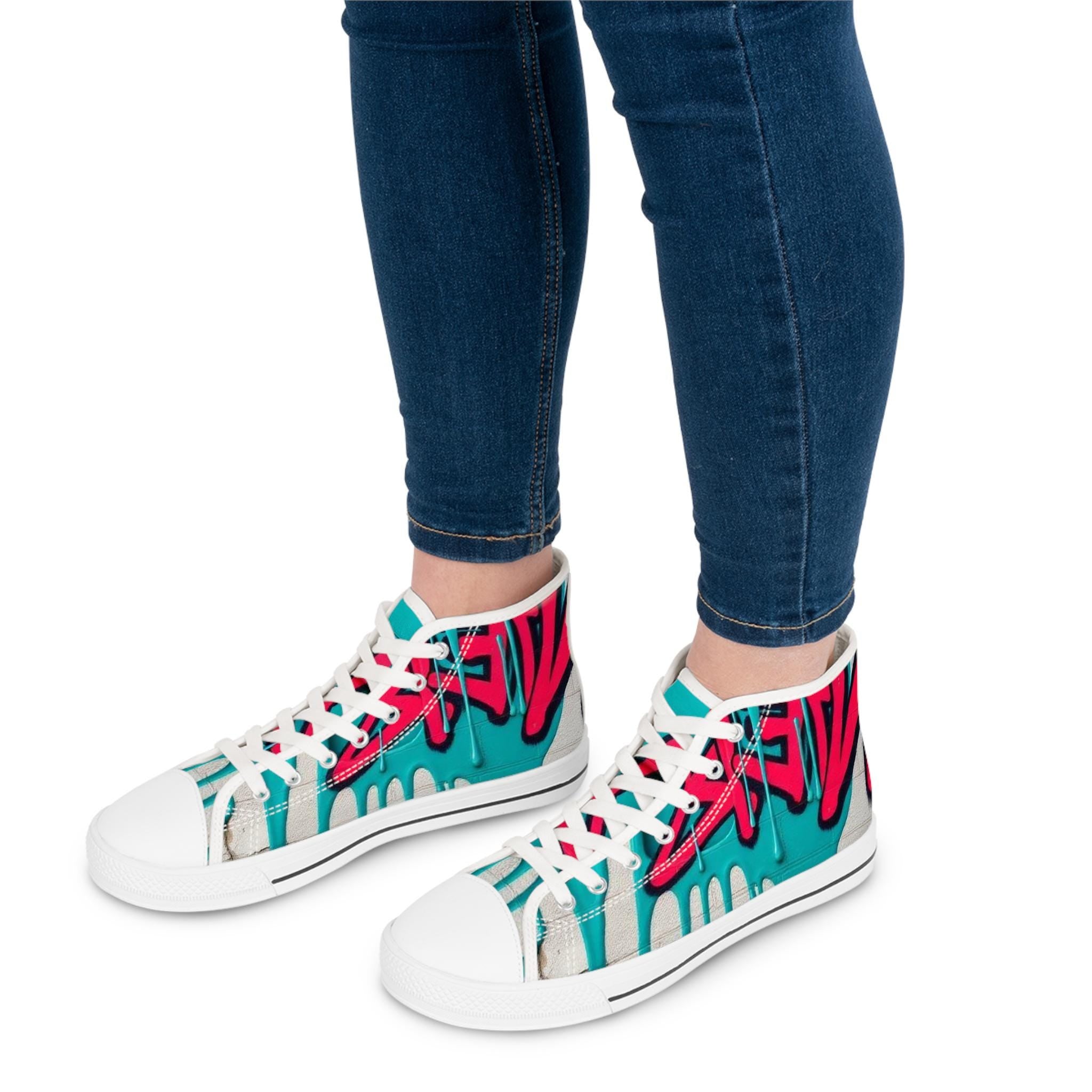 Teal Pink Street Graffiti Women's High Top Sneakers | Street Art Pattern