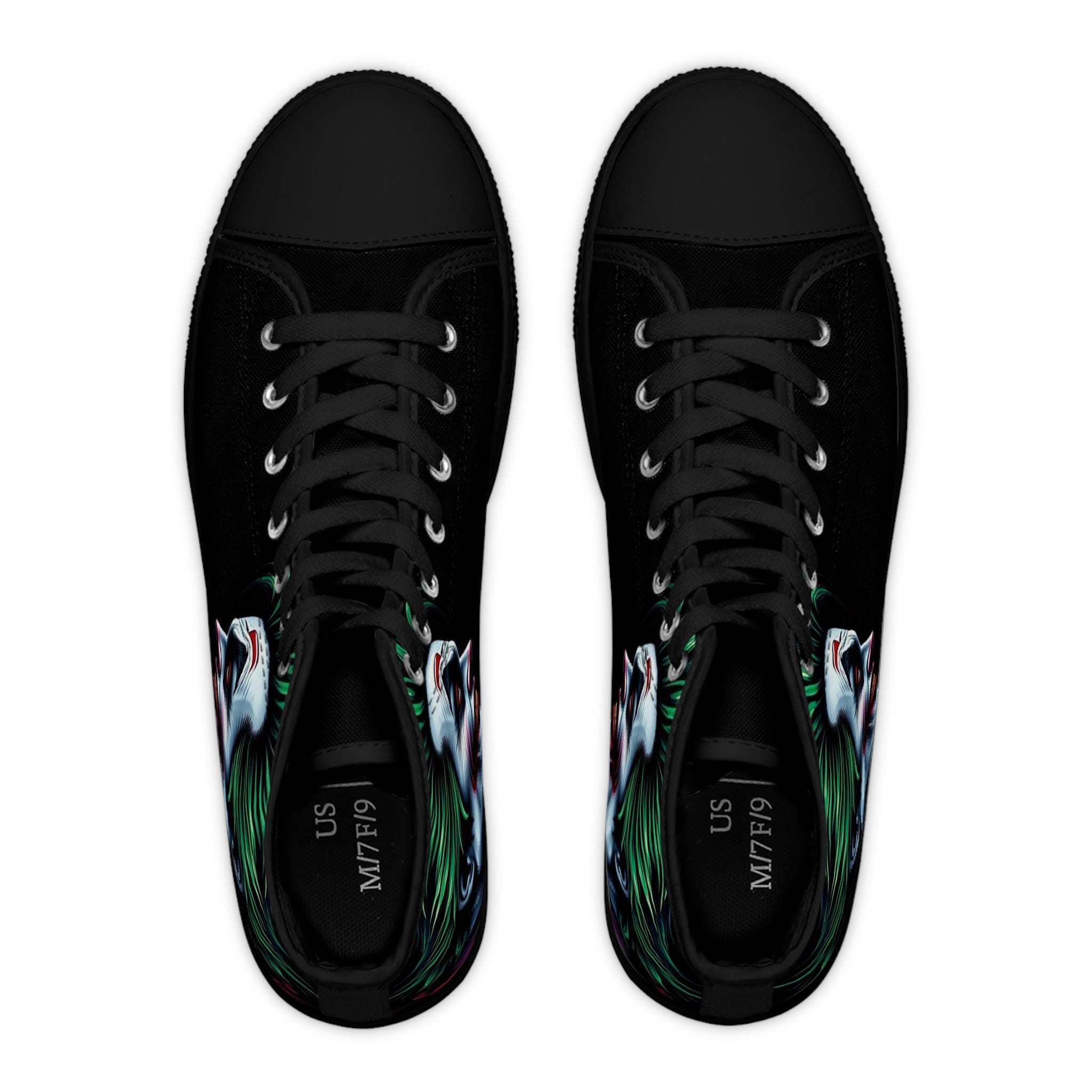 Joker Face Illustration Women's High Top Sneakers | Clown Villain Art, Black Green