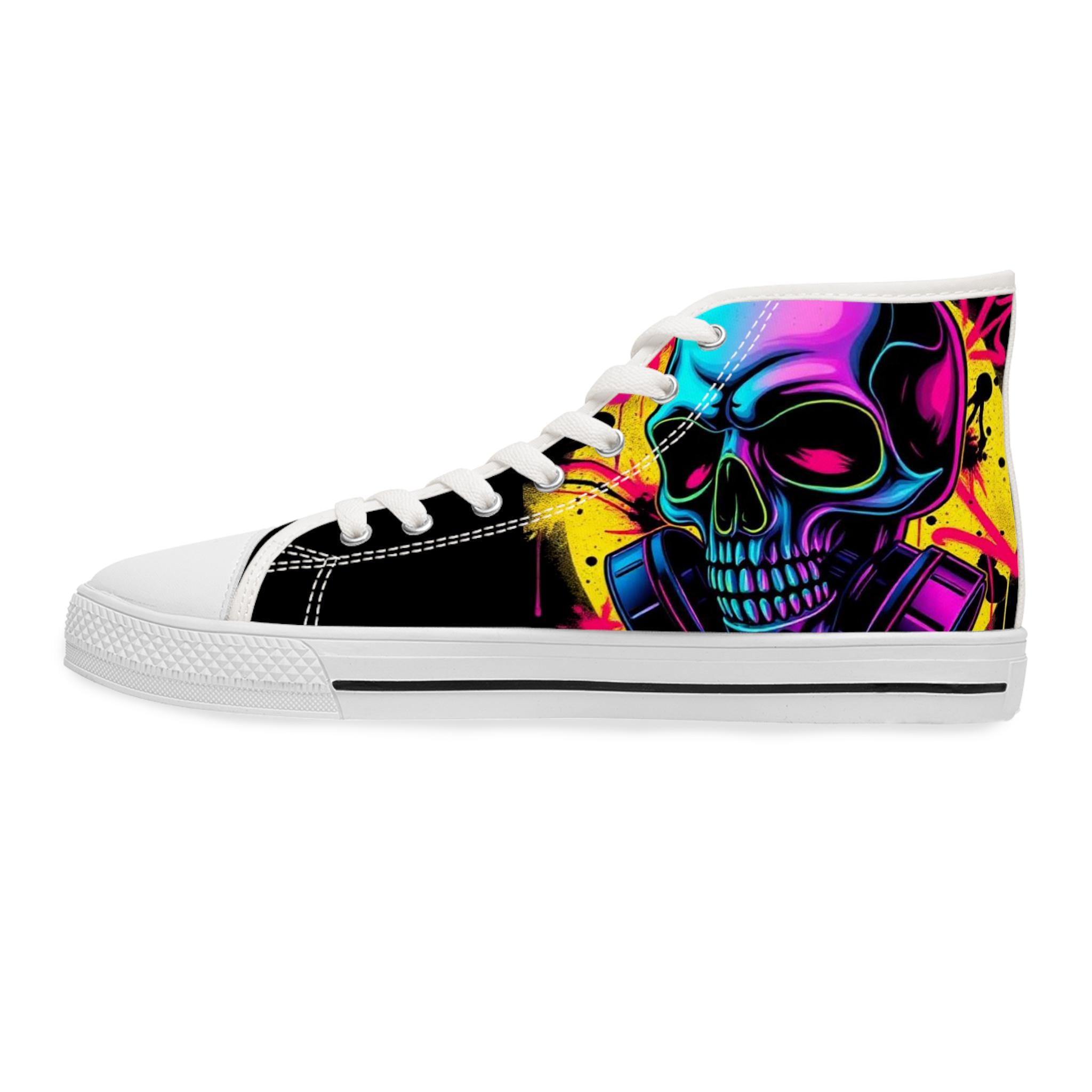 Neon Skull High Top Sneakers | Colorful Grunge Skate Shoes