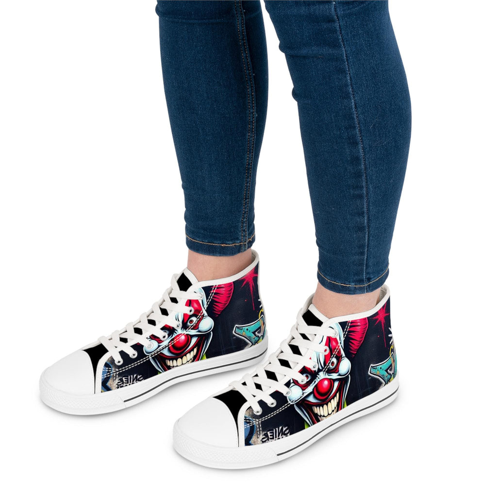 Creepy Clown Graffiti Face Women's High Top Sneakers | Horror Halloween Shoe Art