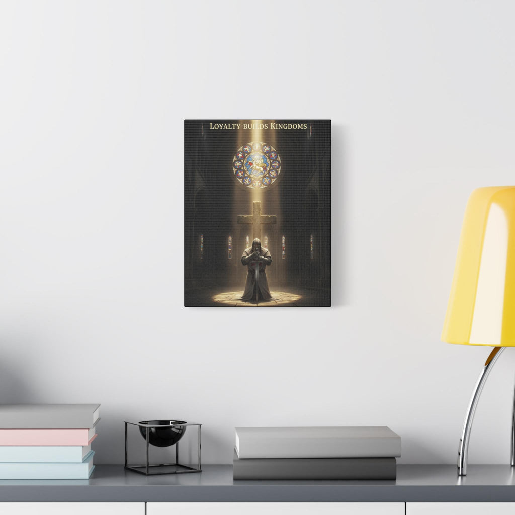 Knight Kneeling Before Cross Matte Canvas | Religious Wall Art, Stained Glass Cathedral