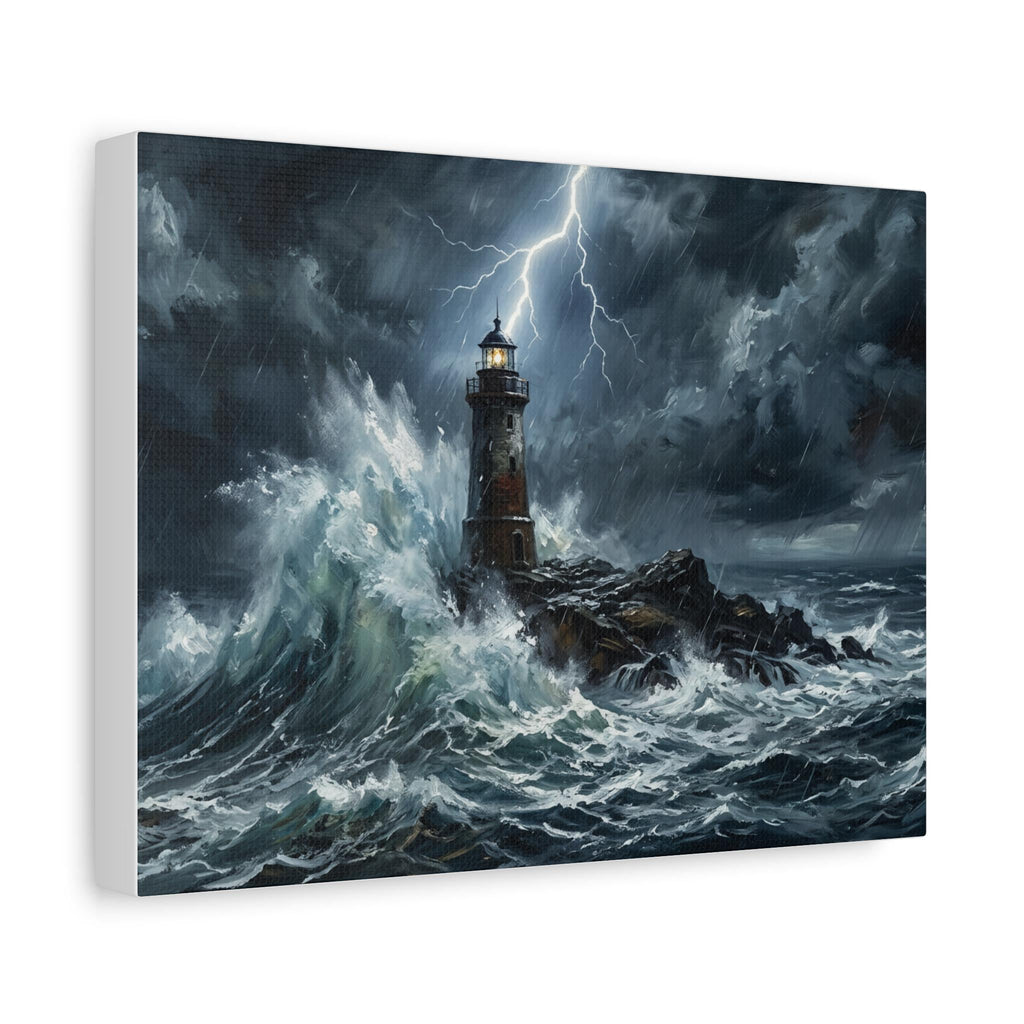 Stormy Lighthouse Matte Canvas | Seascape Wall Art, Lightning Ocean Print