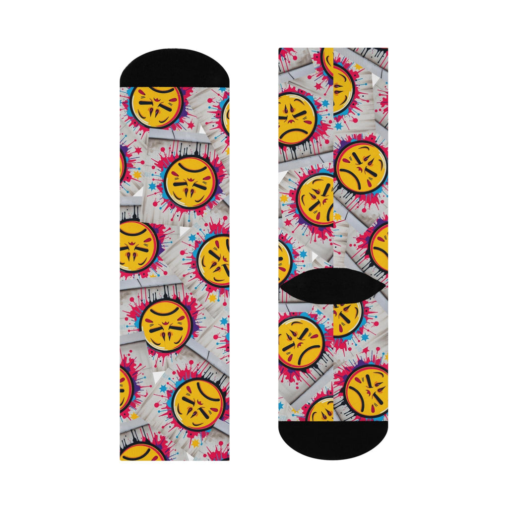 Angry Emoji Pattern Cushioned Crew Socks | Colorful Tie-Dye Background