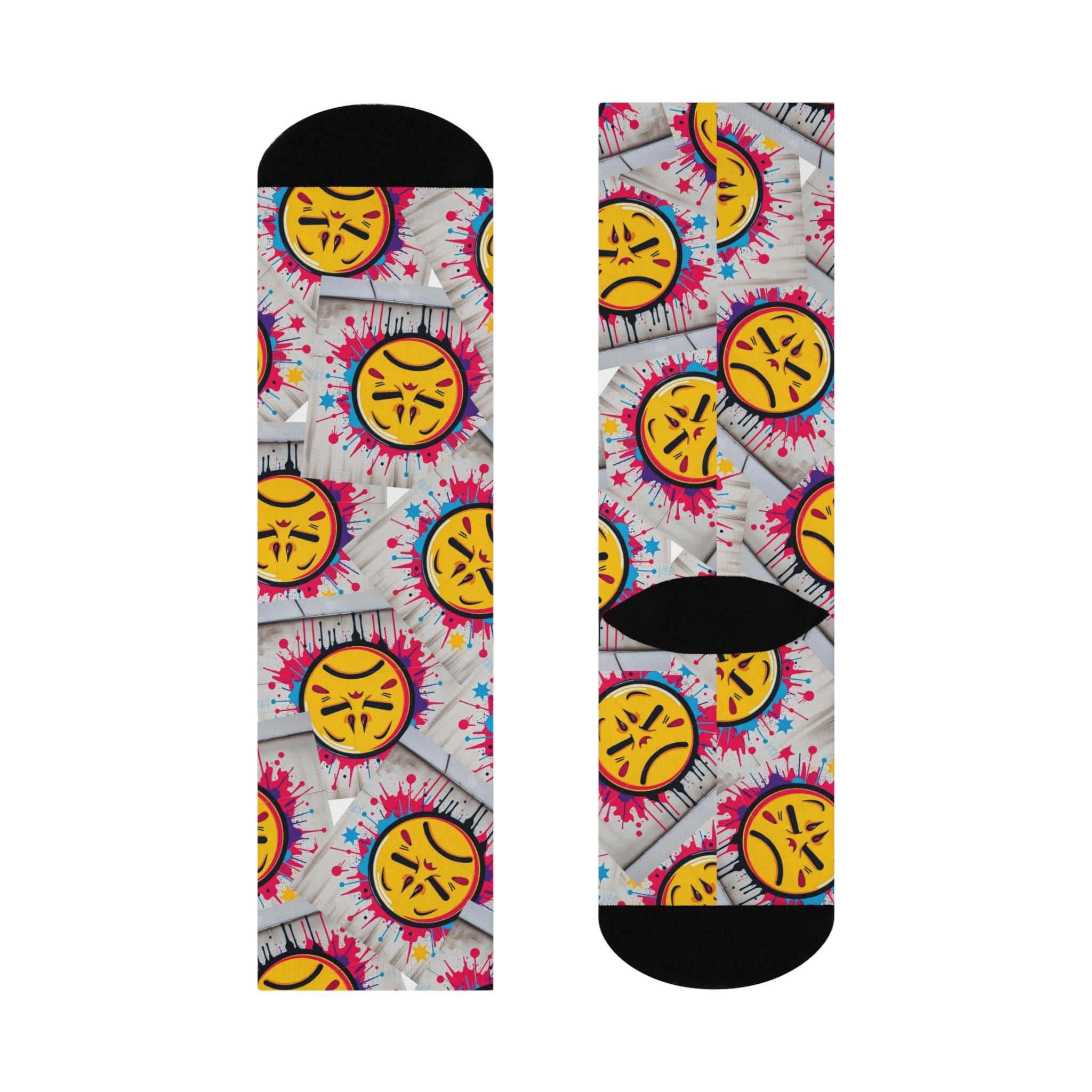 Angry Emoji Pattern Cushioned Crew Socks | Colorful Tie-Dye Background